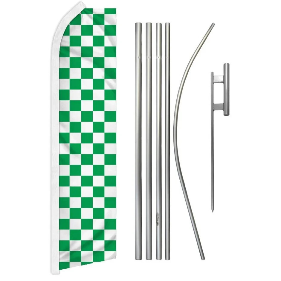 Green & White Checkered Swooper Advertising Flag & Pole Kit