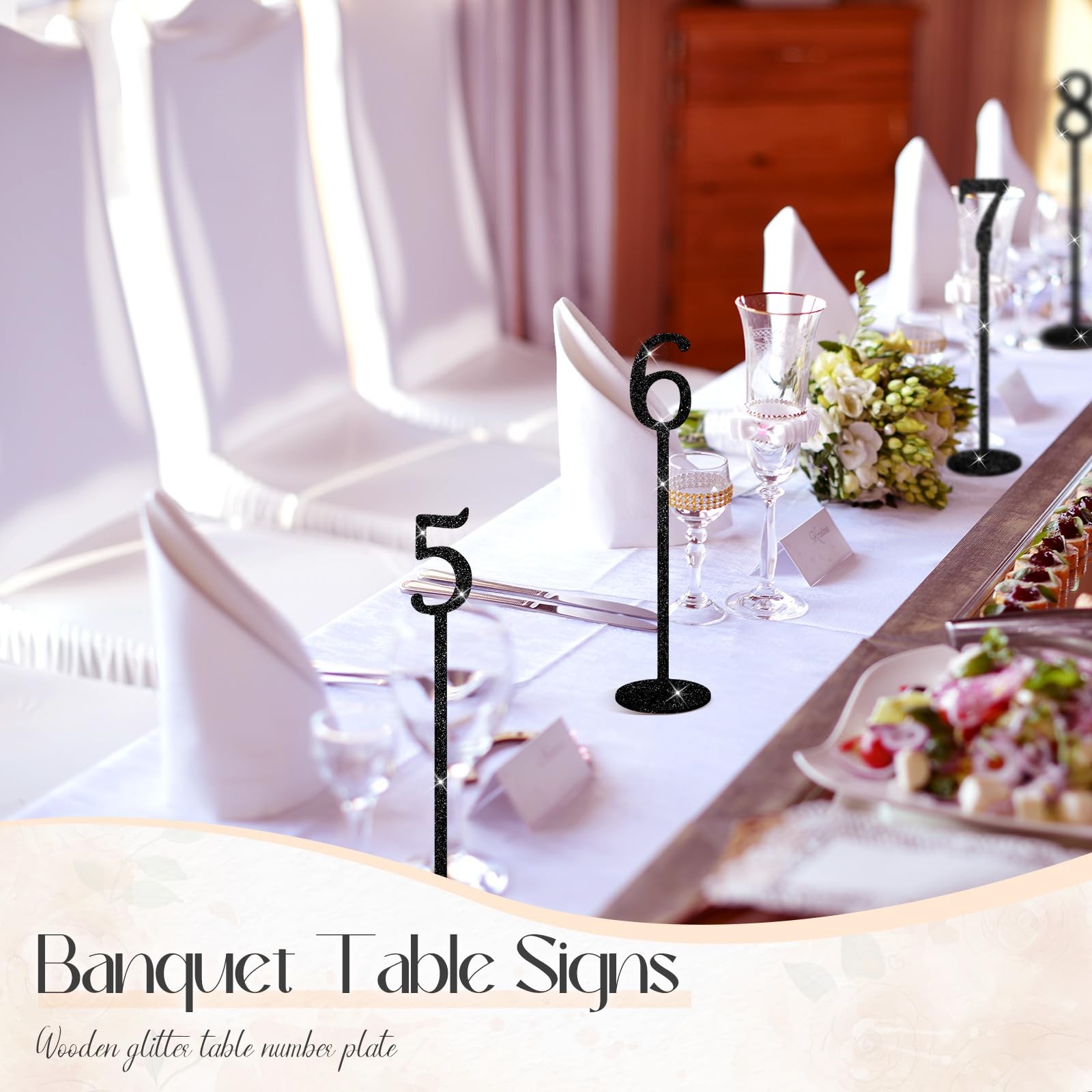 Black Glitter Wooden Wedding Banquet Event Table Number Sign With Base 20 PCS