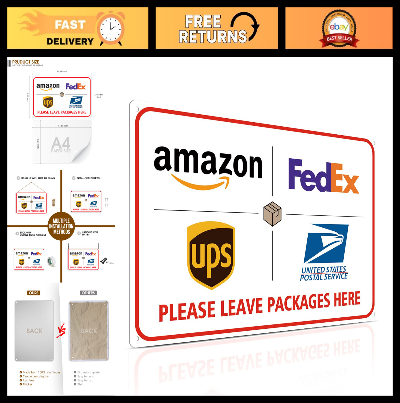 8×12&Prime; Package Delivery Sign – Rust-Free Aluminum for Porch, Front Door & Outdoor