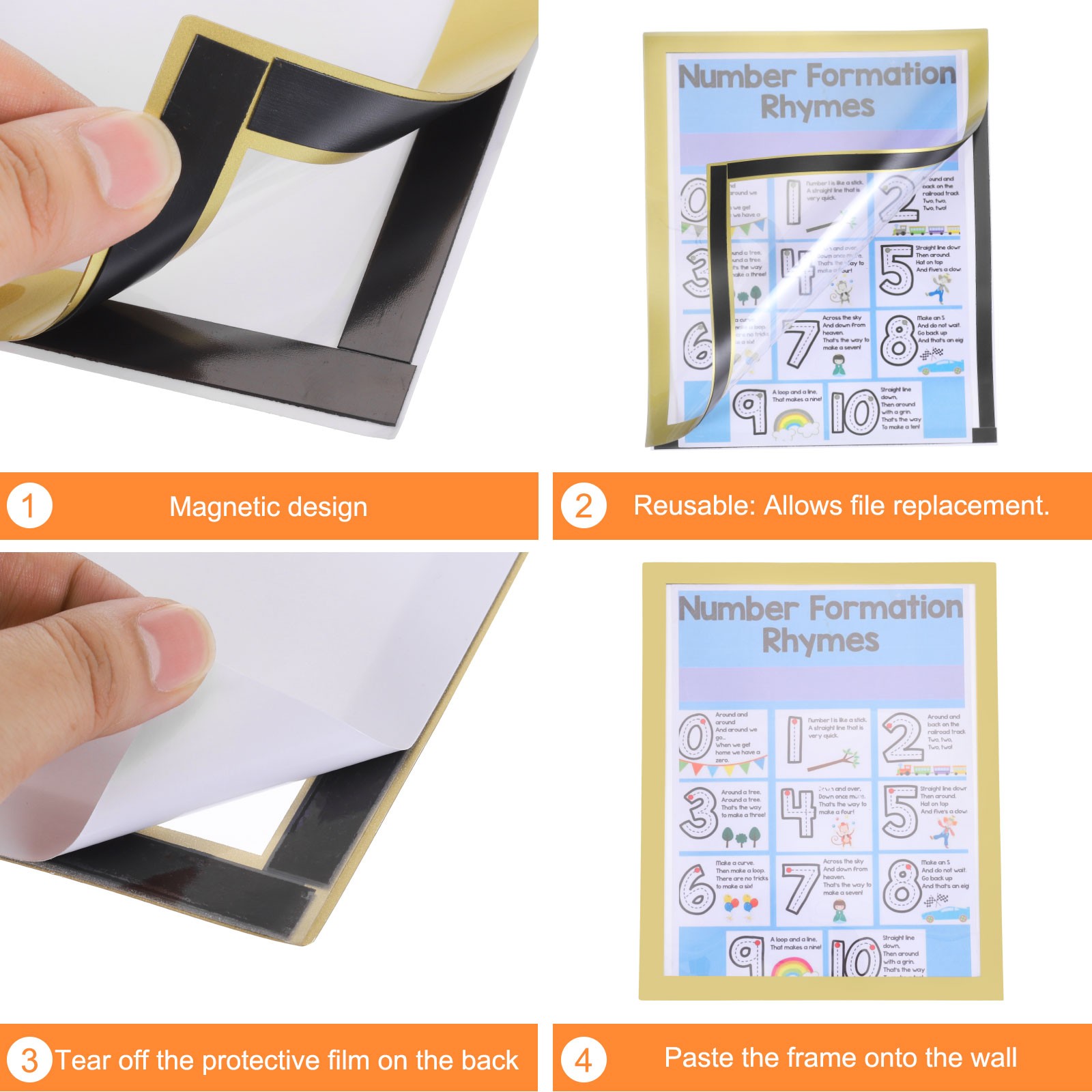 6pcs Self Adhesive Magnetic Wall Sign Holder, 11&Prime;x17&Prime; Frame Display,Gold