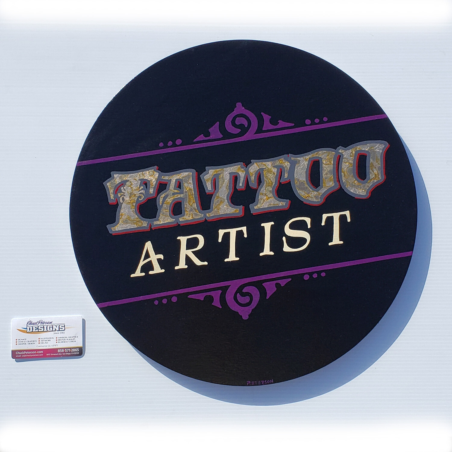Tattoo Artist Hand Painted Gilded Sign 18&Prime; diameter