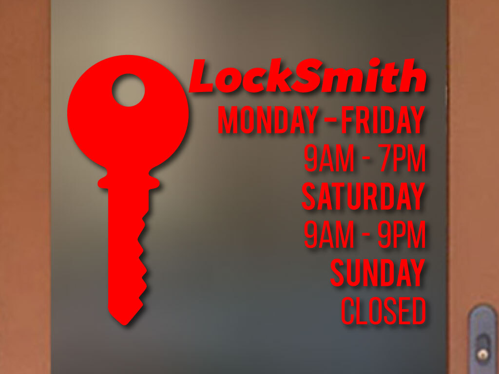 LOCK SMITH KEY BUSINESS HOURS COLORS and Sizes PERSONALIZED Sign Store Decal
