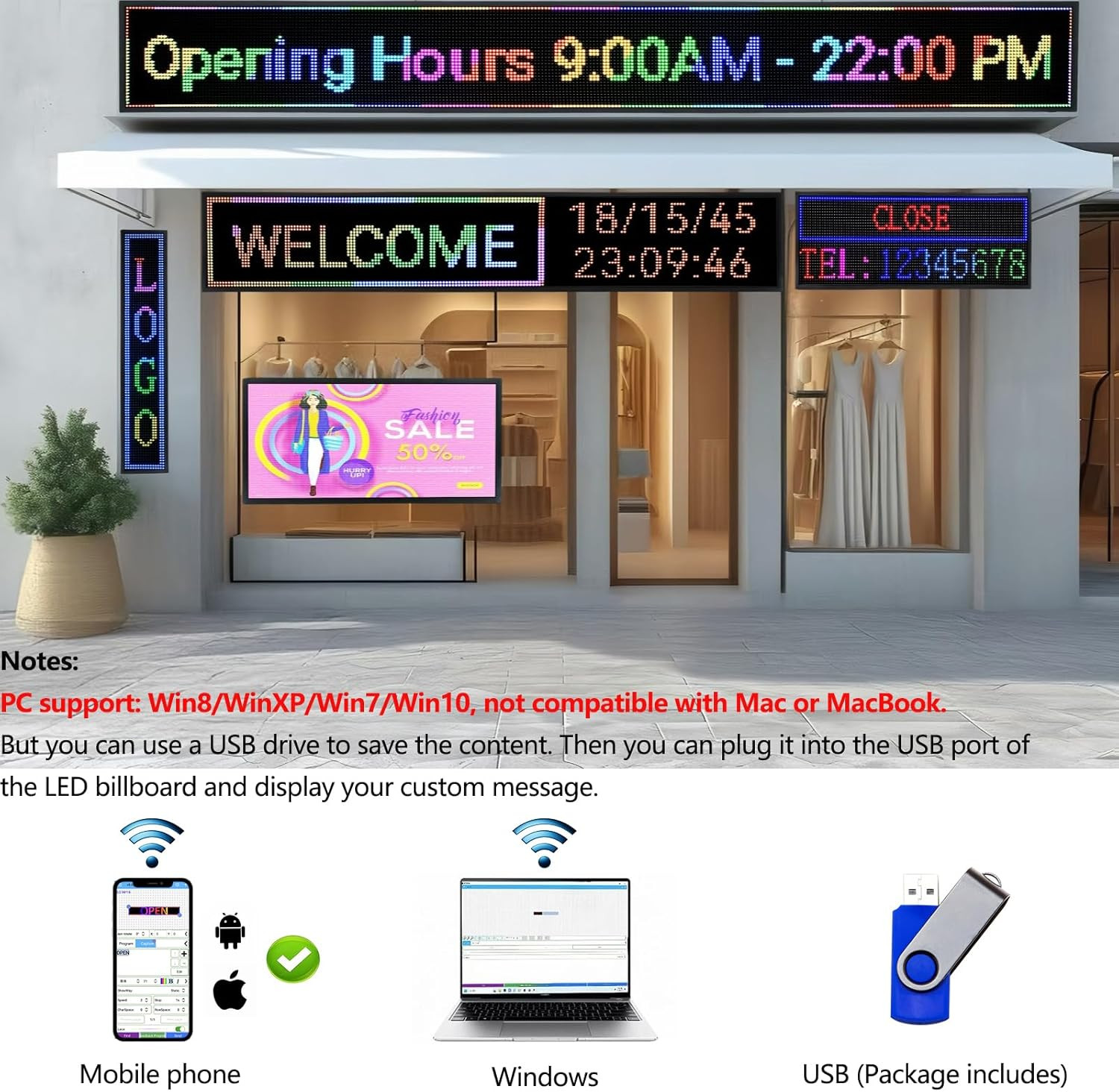 High Brightness P10 Programmable LED Sign for Business, Wifi Control, 40&Prime;x14