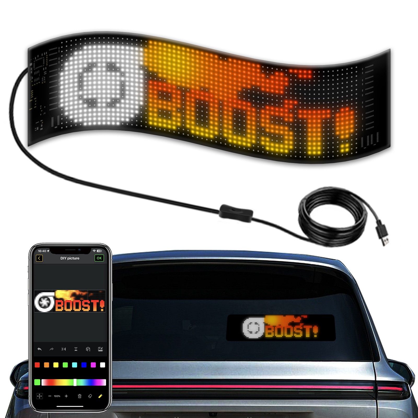 Car Windshield LED Sign 16*64 Pixel App Control Programmable Flexible Led Screen