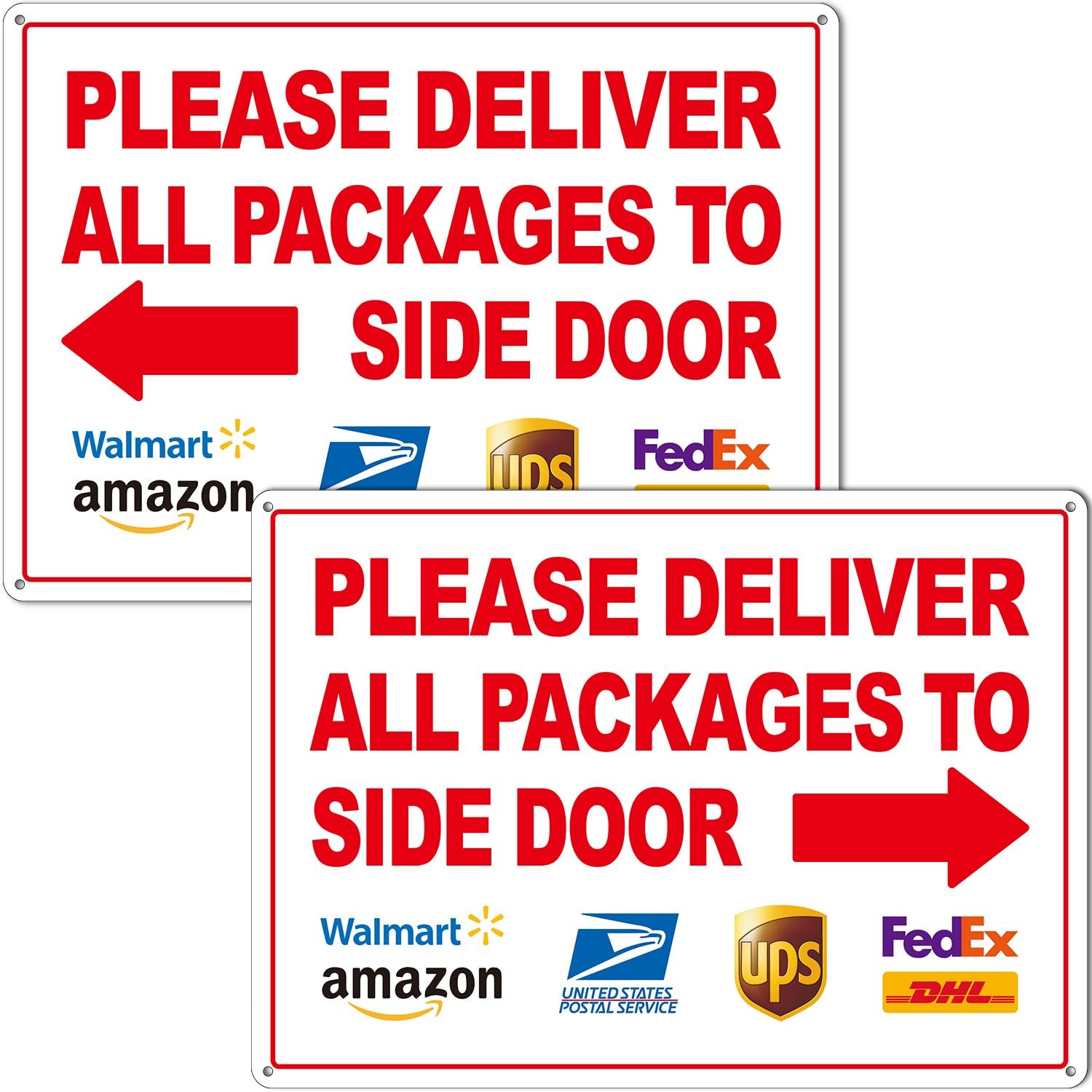 2 Pack 14×10 inch Deliver All Packages to Side Door Sign with Arrows Plastic