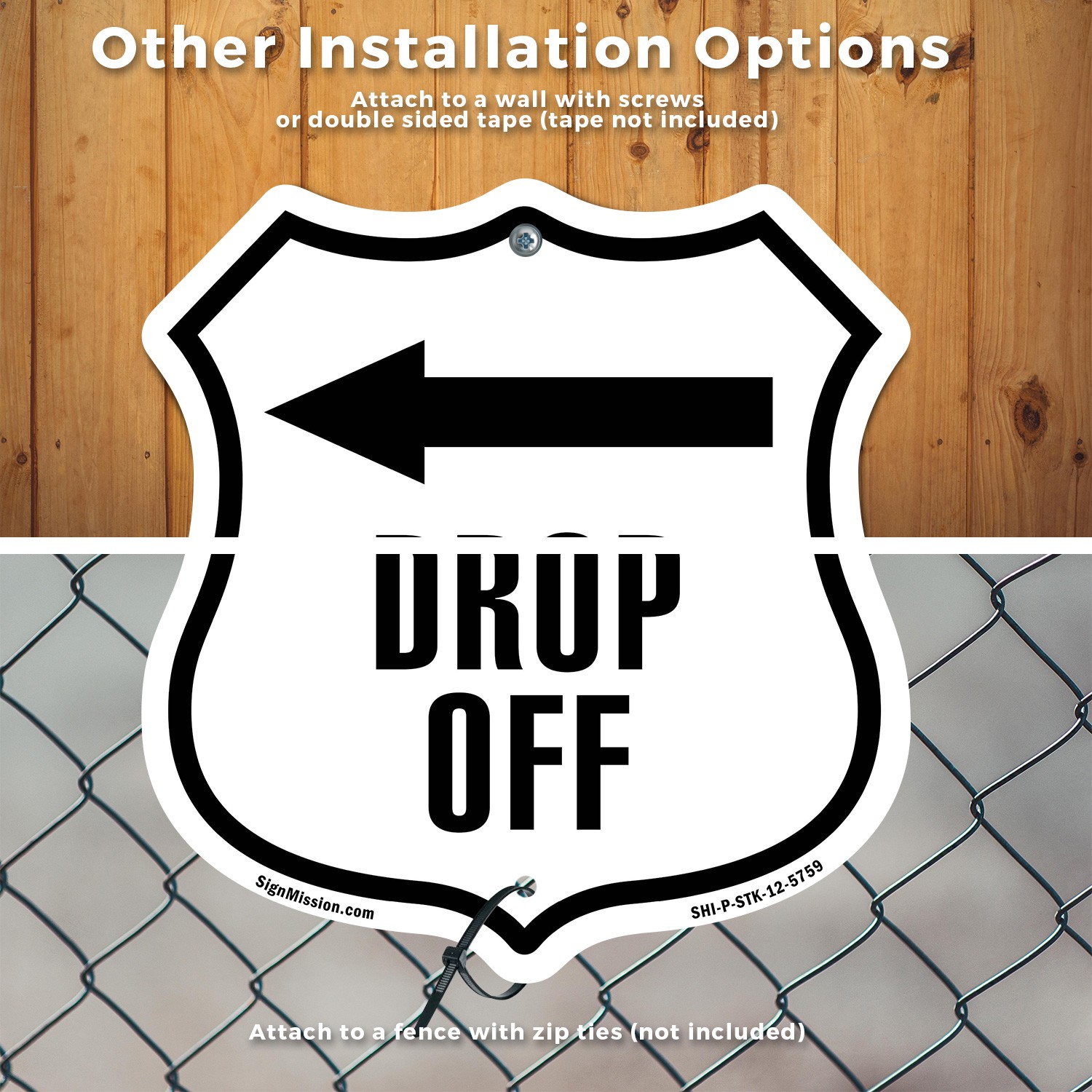 Drop-Off Left Shield Shaped Sign With Stake Weather Resistant Crafted in the USA