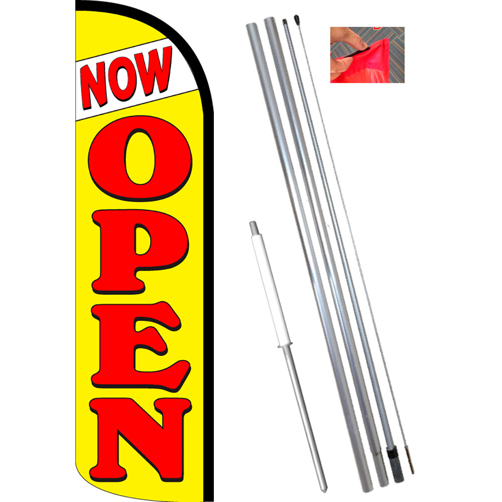 Now Open (Yellow/Red) Premium Windless Feather Flag Bundle (Complete Kit) OR Opt