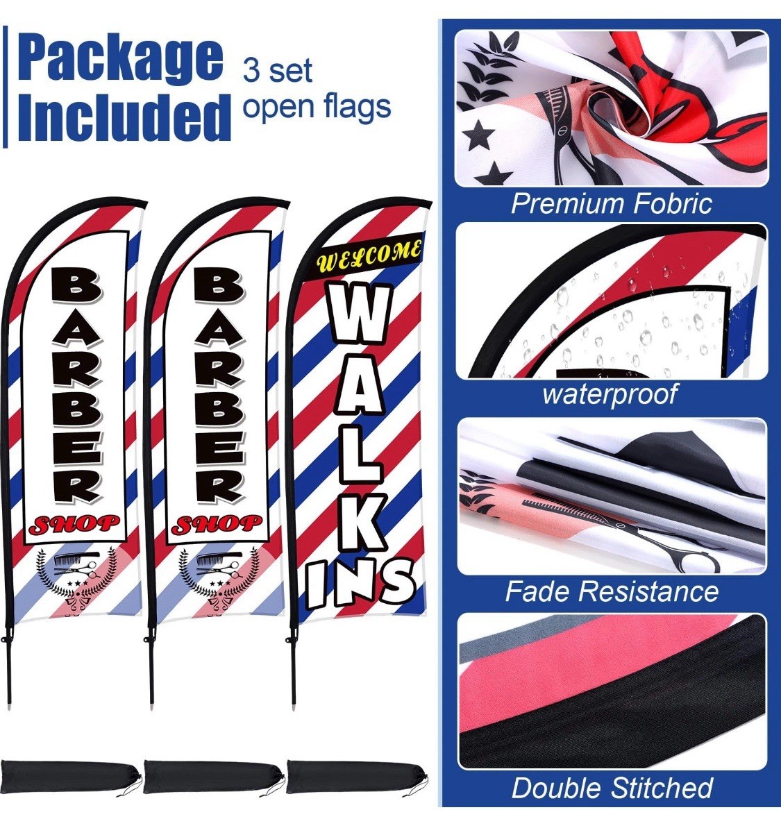 3 Set Barber Flag Walk Ins Welcome Barbershop Swooper Flag Poles, 12 FT x 2 FT