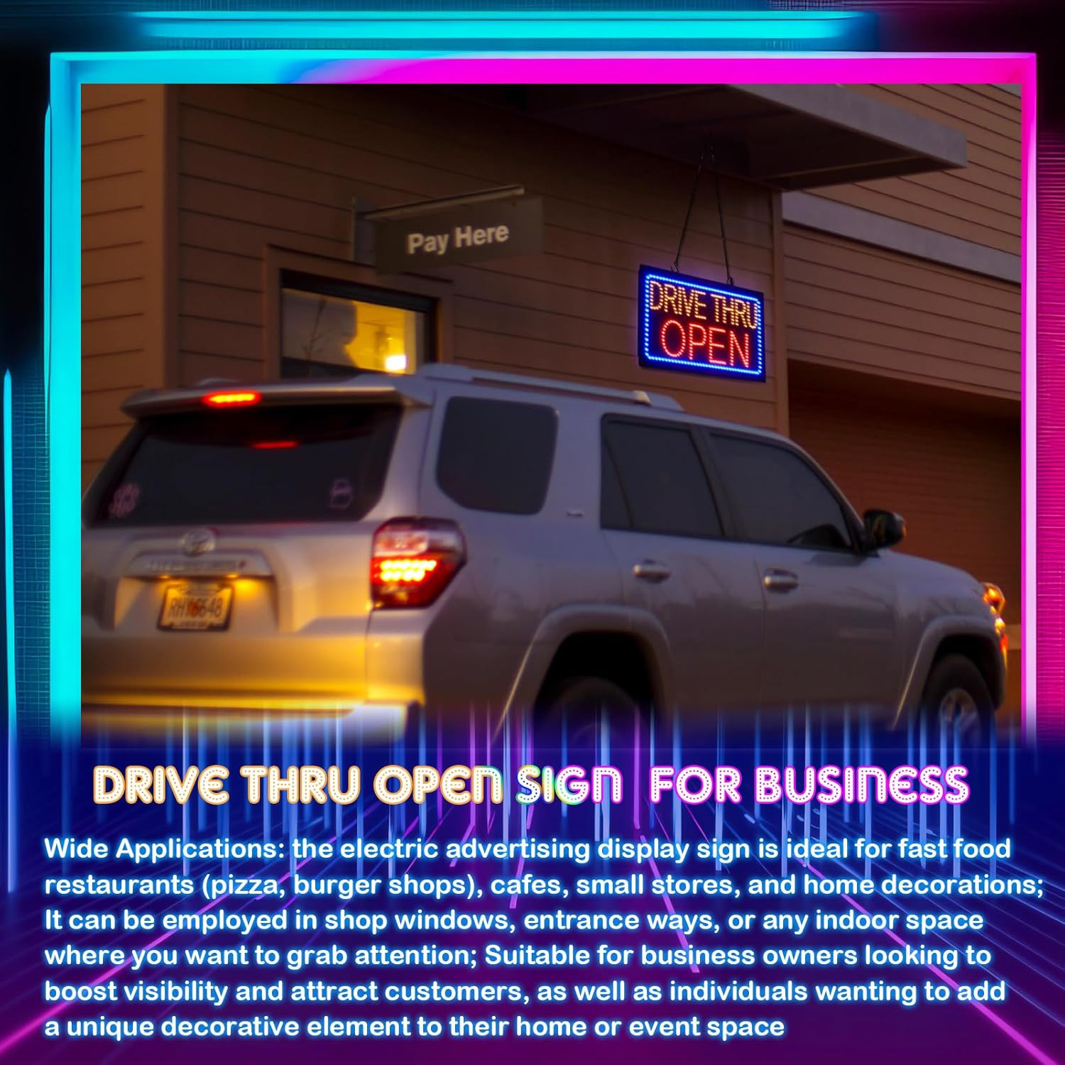 24&Prime; X 12&Prime; LED Drive Thru Open Sign for Fast Food & Restaurant Display