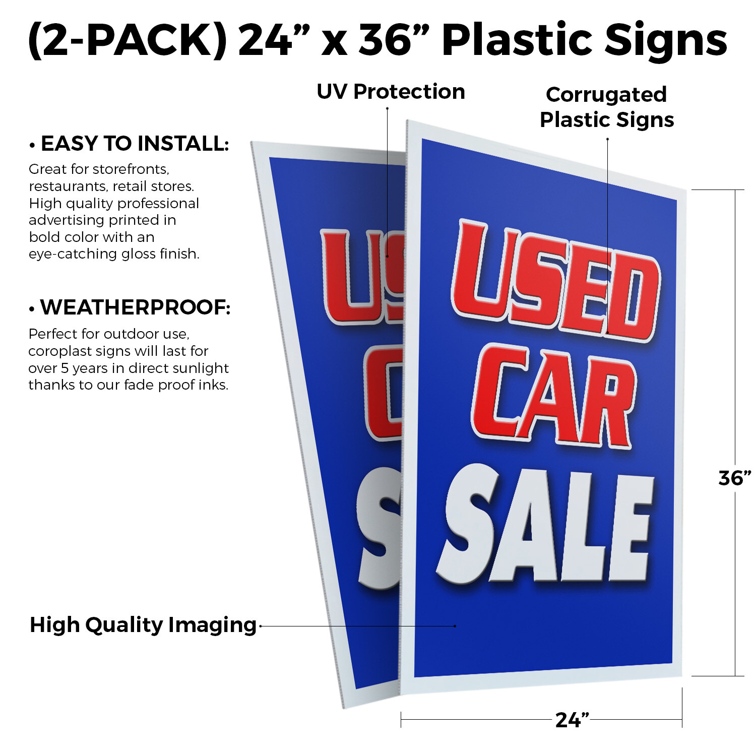 Used Car Sale 24&Prime; x 36&Prime; 2 Pack Of Store Sign Plastic Or Decal