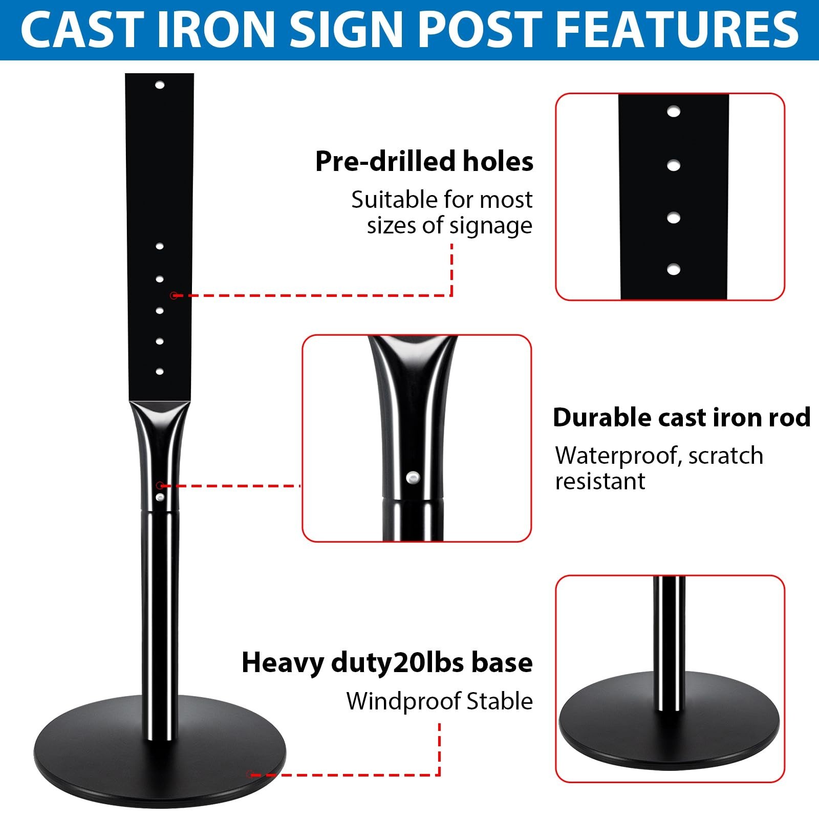 2Pack Heavy Duty Outdoor Sign Post – 20lbs Cast Iron Base, 49&Prime; Height, Black