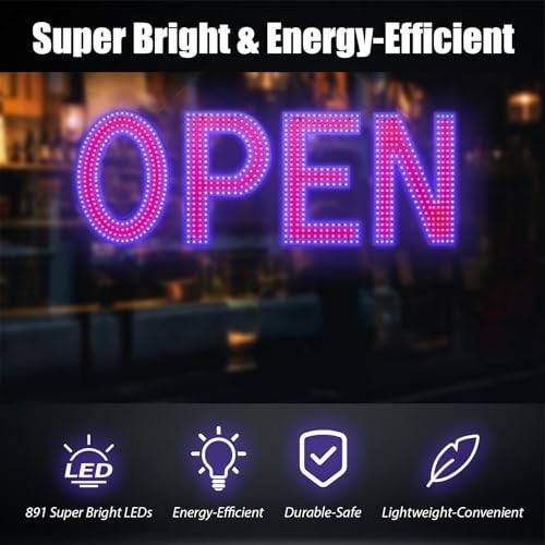 Dimmable LED Open Sign 40&Prime;x14&Prime; – Bright Hanging Light for Bar, Restaurant, Store