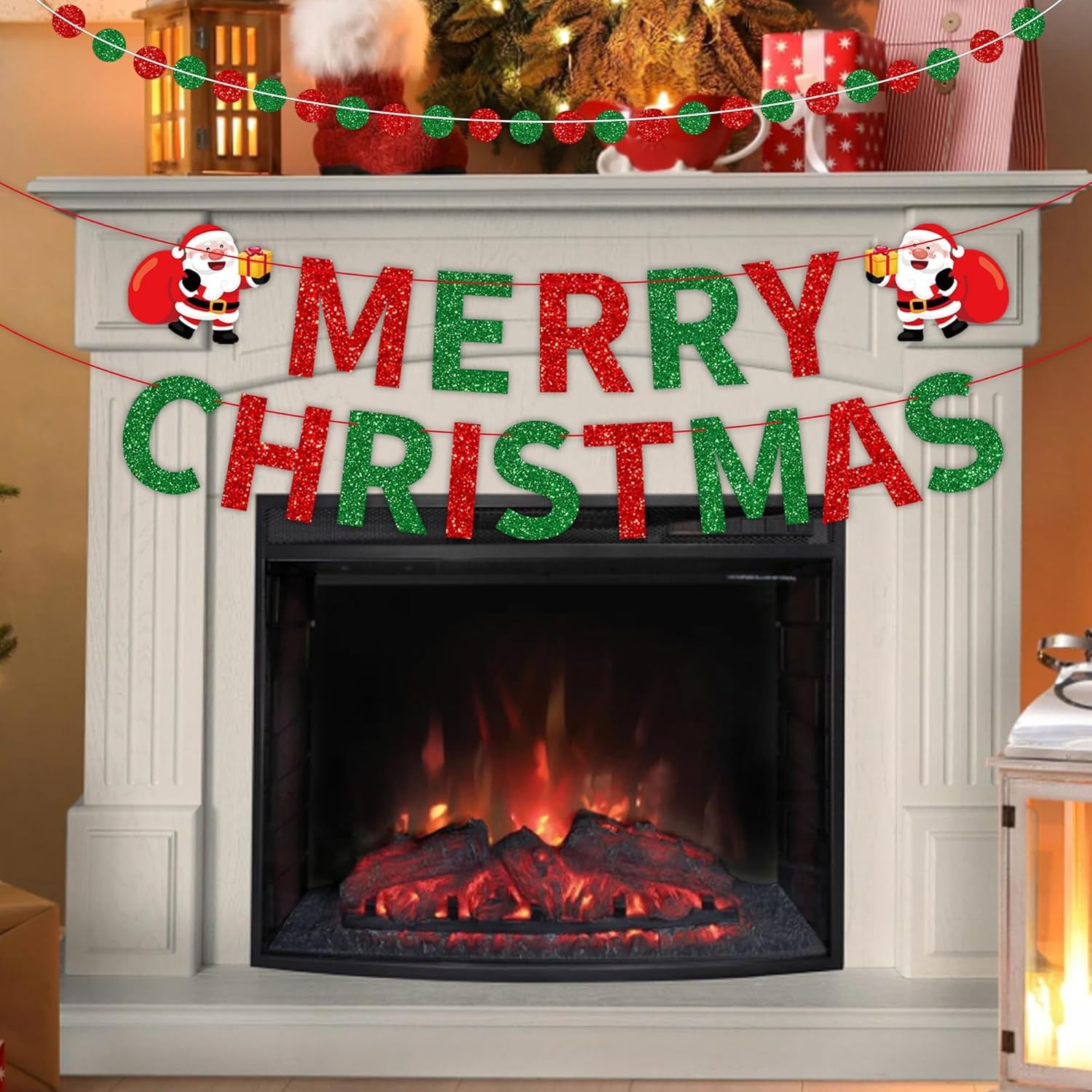 3-Pack Merry Christmas Banner Red Green Glitter Santa Garland Holiday Decor