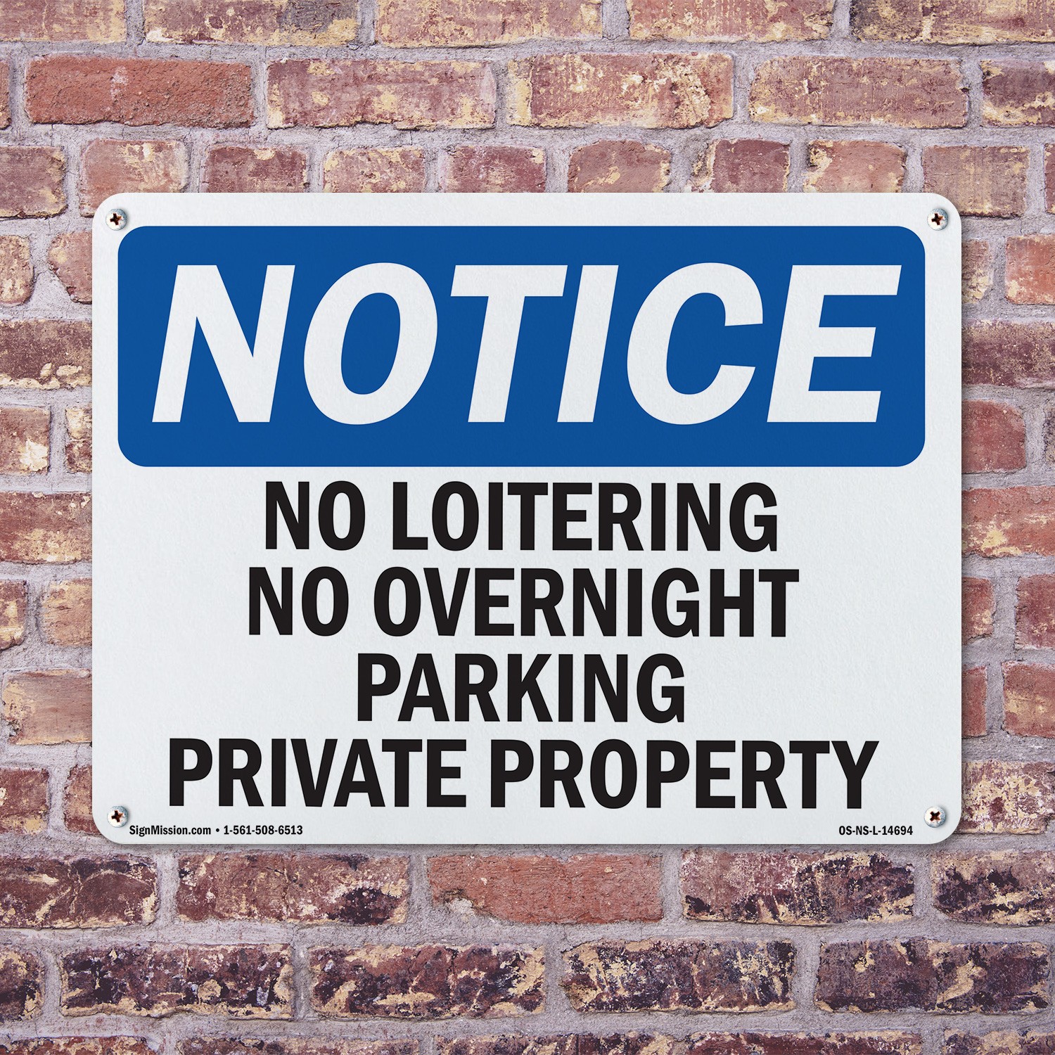 No Loitering No Overnight Parking Private Property OSHA Notice Sign 5/10 Pack