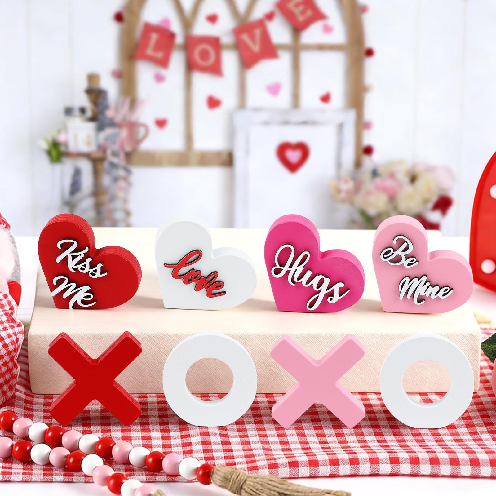 8 PCS Valentines Day Wooden Heart XOXO Table Signs Tiered Tray Decorations