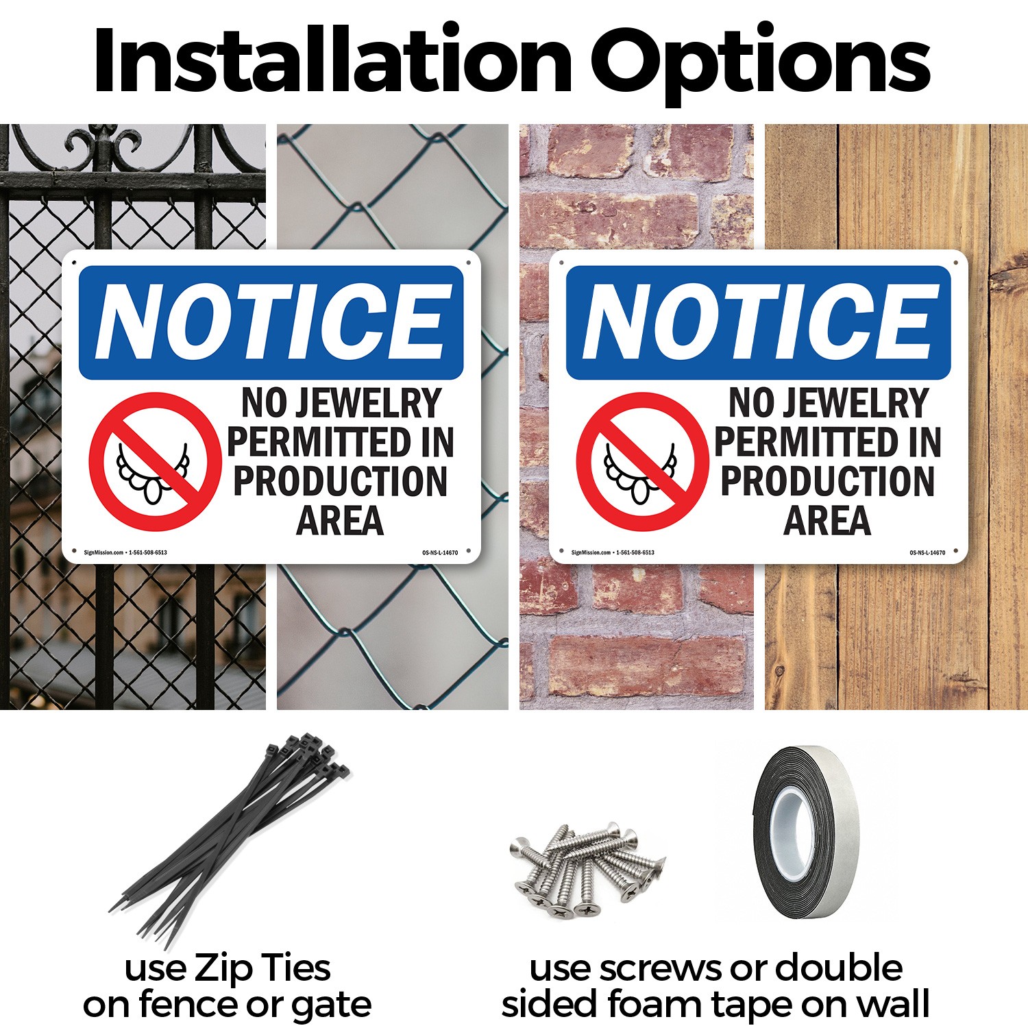 No Jewelry Permitted In Production OSHA Notice Sign Metal, Decal – 5 or 10 Pack