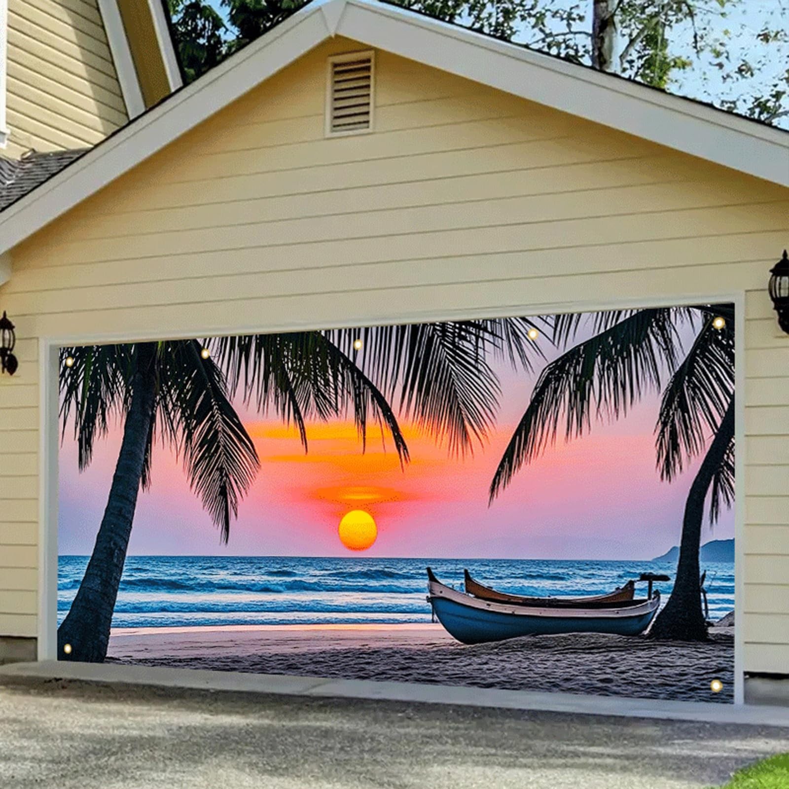 Beach Sunset Garage Door Banner 13x6ft Summer Tropical Palm Tree Ocean Backdr…
