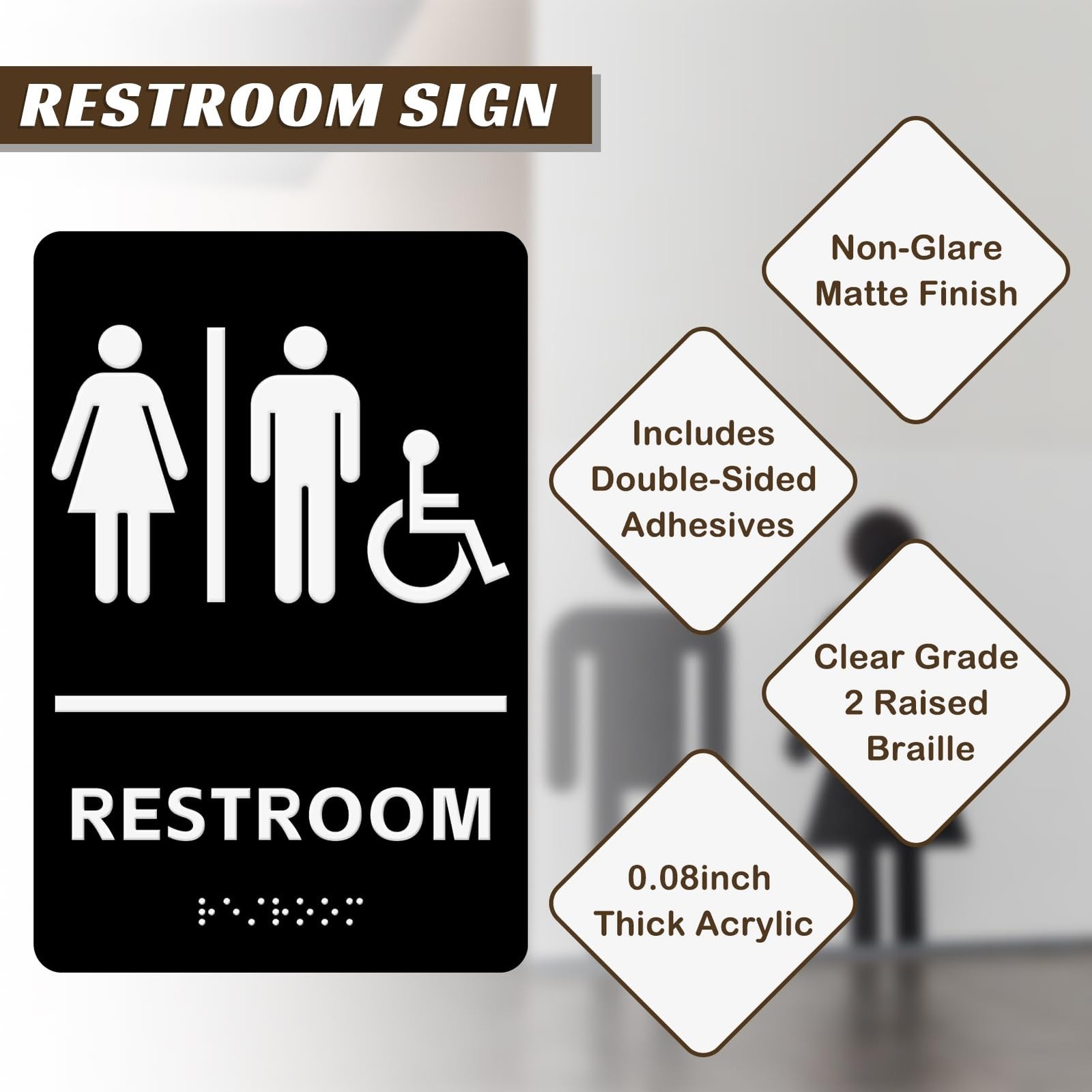 Esmorah ADA Braille Unisex Restroom Sign for Business 9” X6”, All Ge