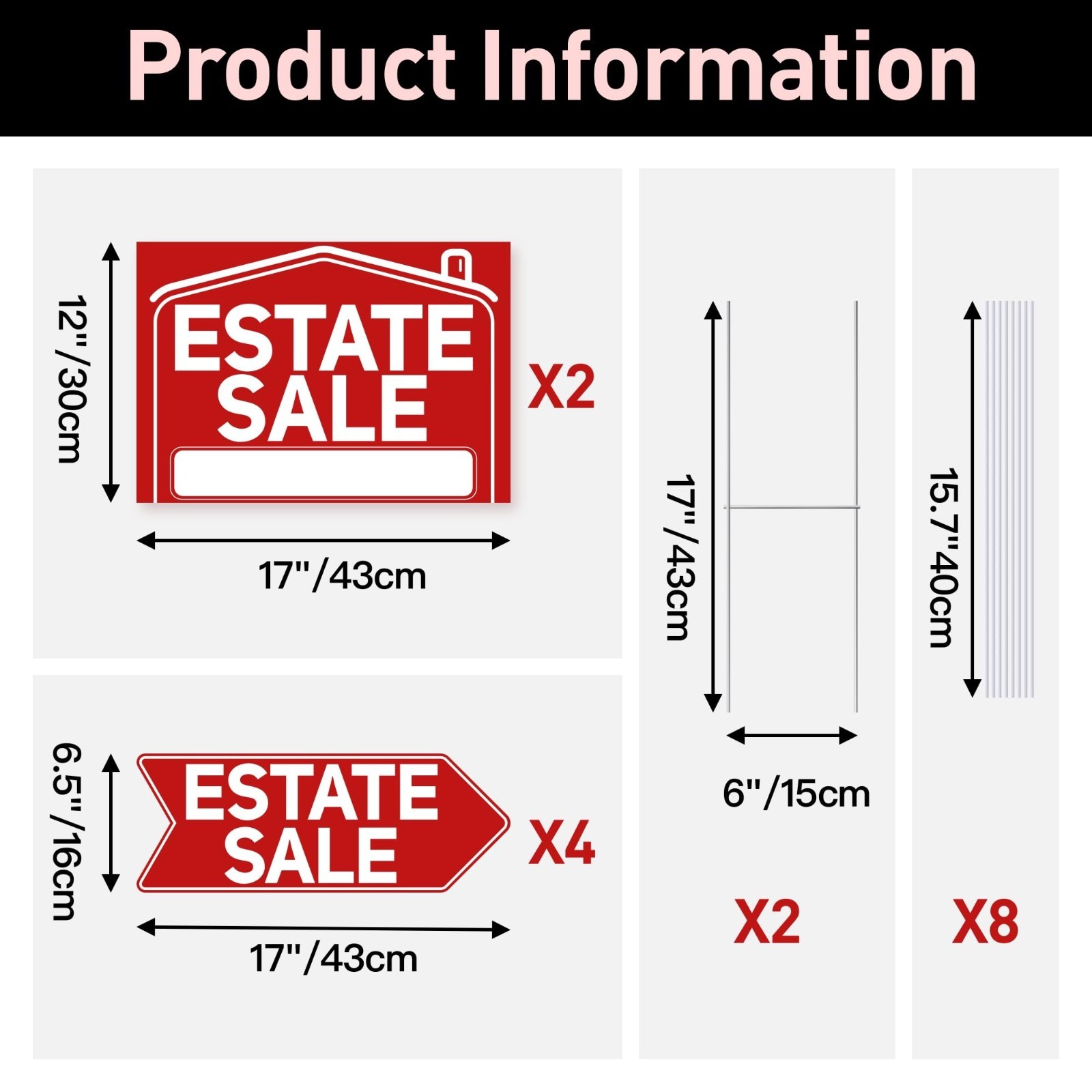 6 Pcs Estate Sale Sign Kit – 2 Large 17&Prime;x12&Prime; & 4 Arrow Yard Signs with Stakes, W