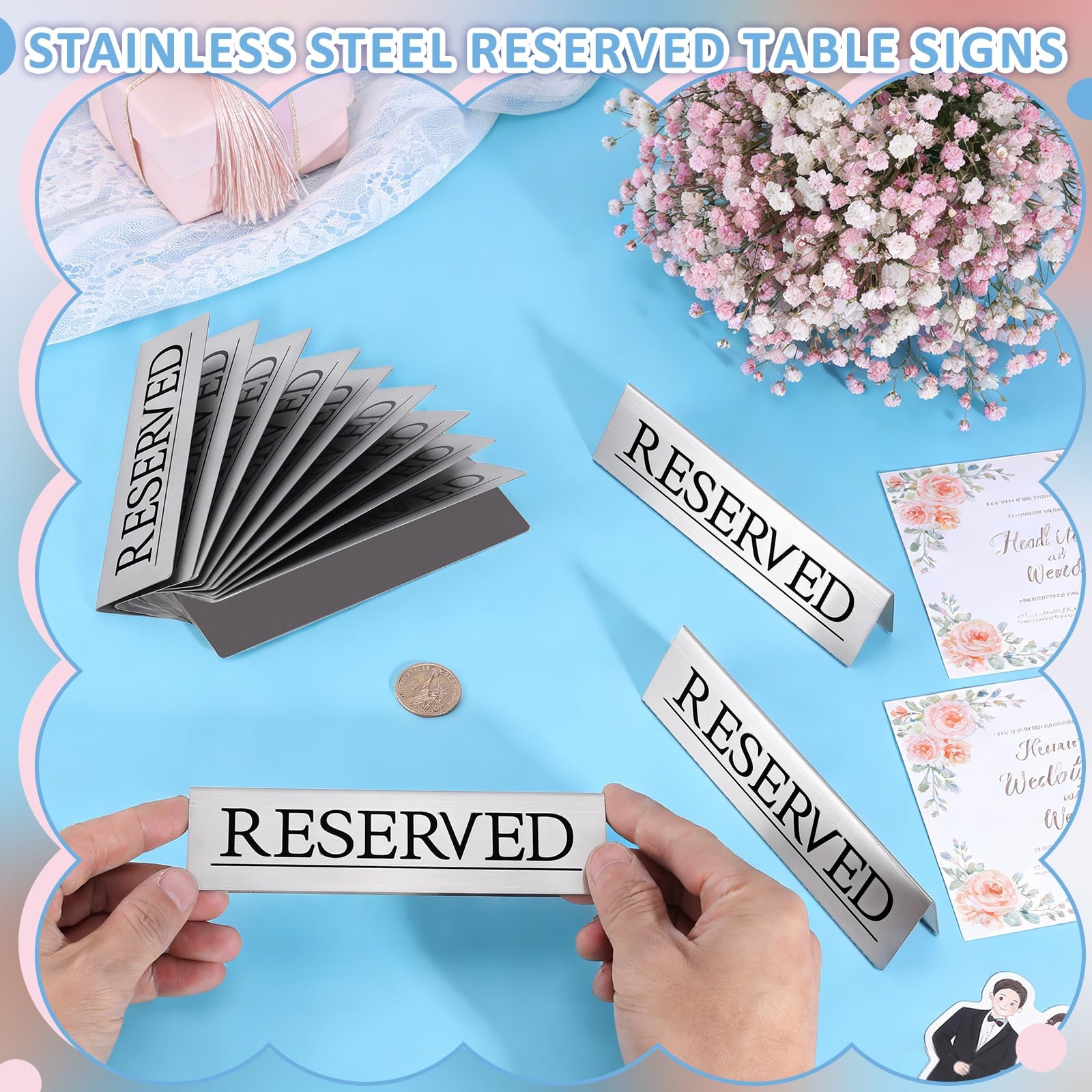 12 PCS Stainless Steel Reserved Table Signs 6×1.5 Inch Wedding Restaurant