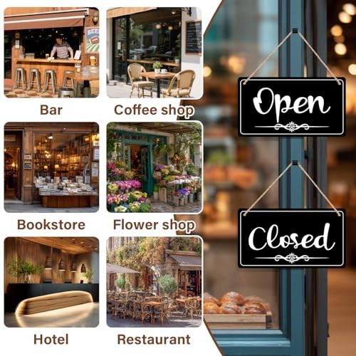Double Sided Open Closed Sign Business Hours Hanging Store Sign with Rope