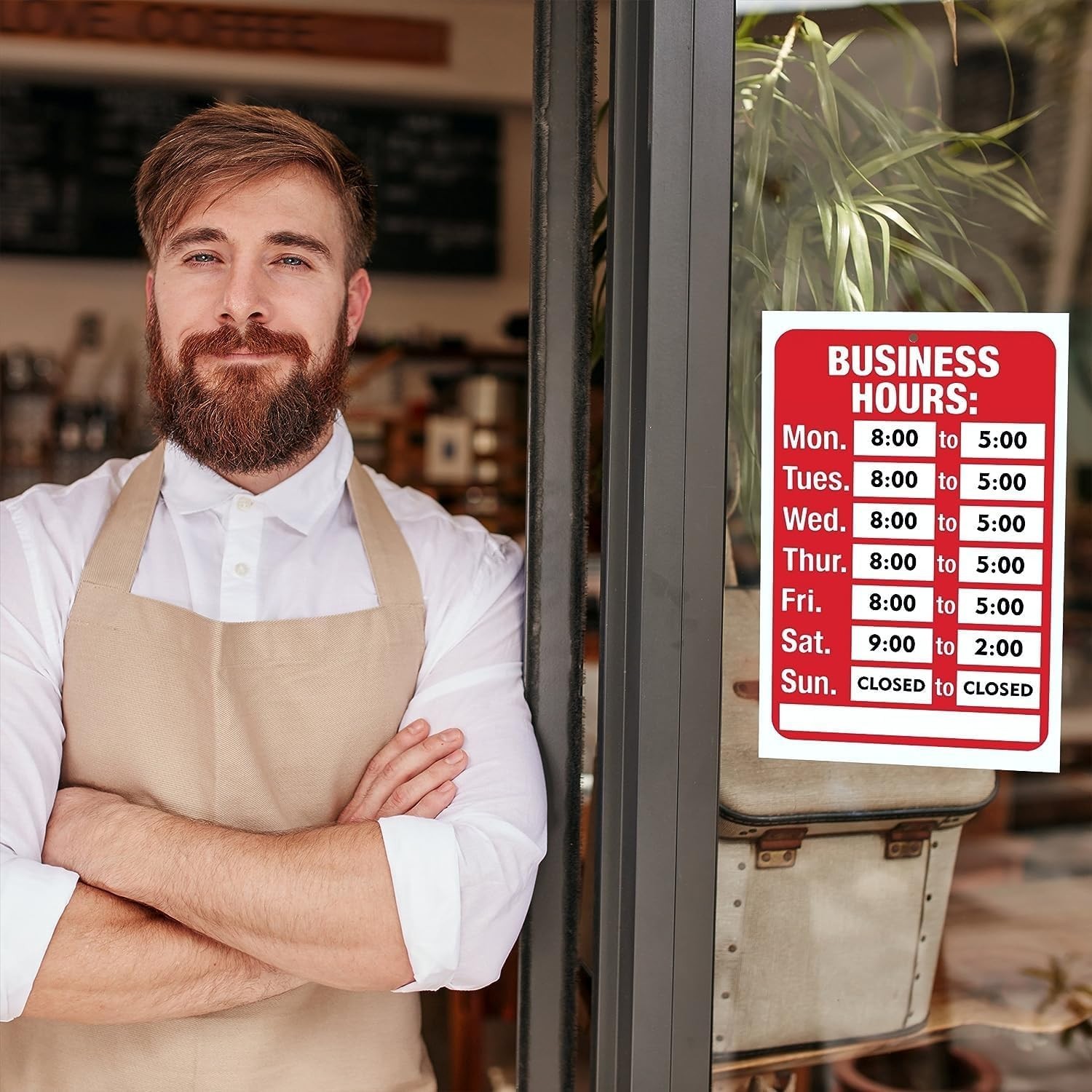 Durable Red and White Business Hours Sign with Adhesive Pads – 7.7×11.7 Inches