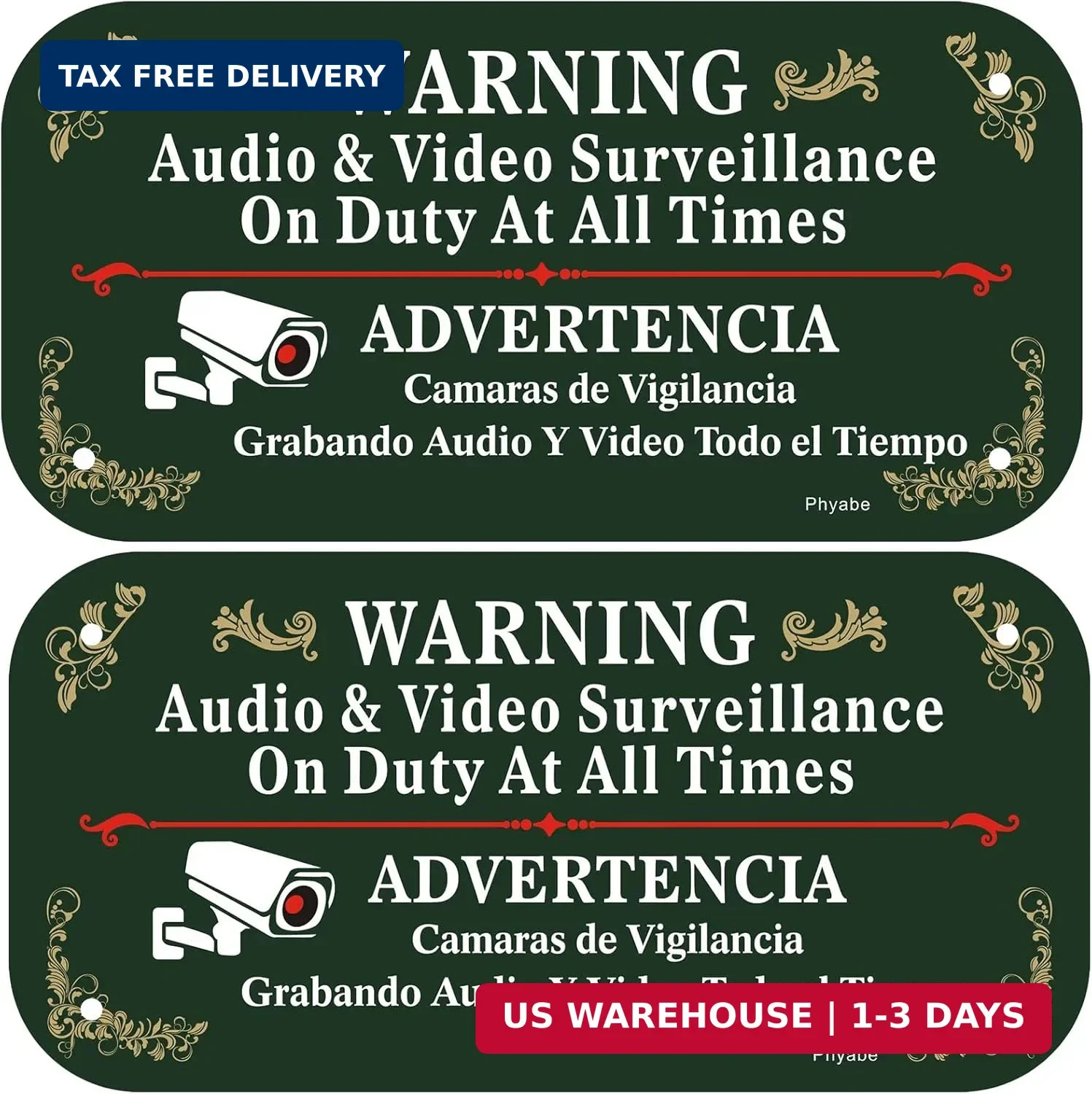 2 Pack Audio & Video Surveillance On Duty At All Times Sign, 12 x 6 inch Rust Fr