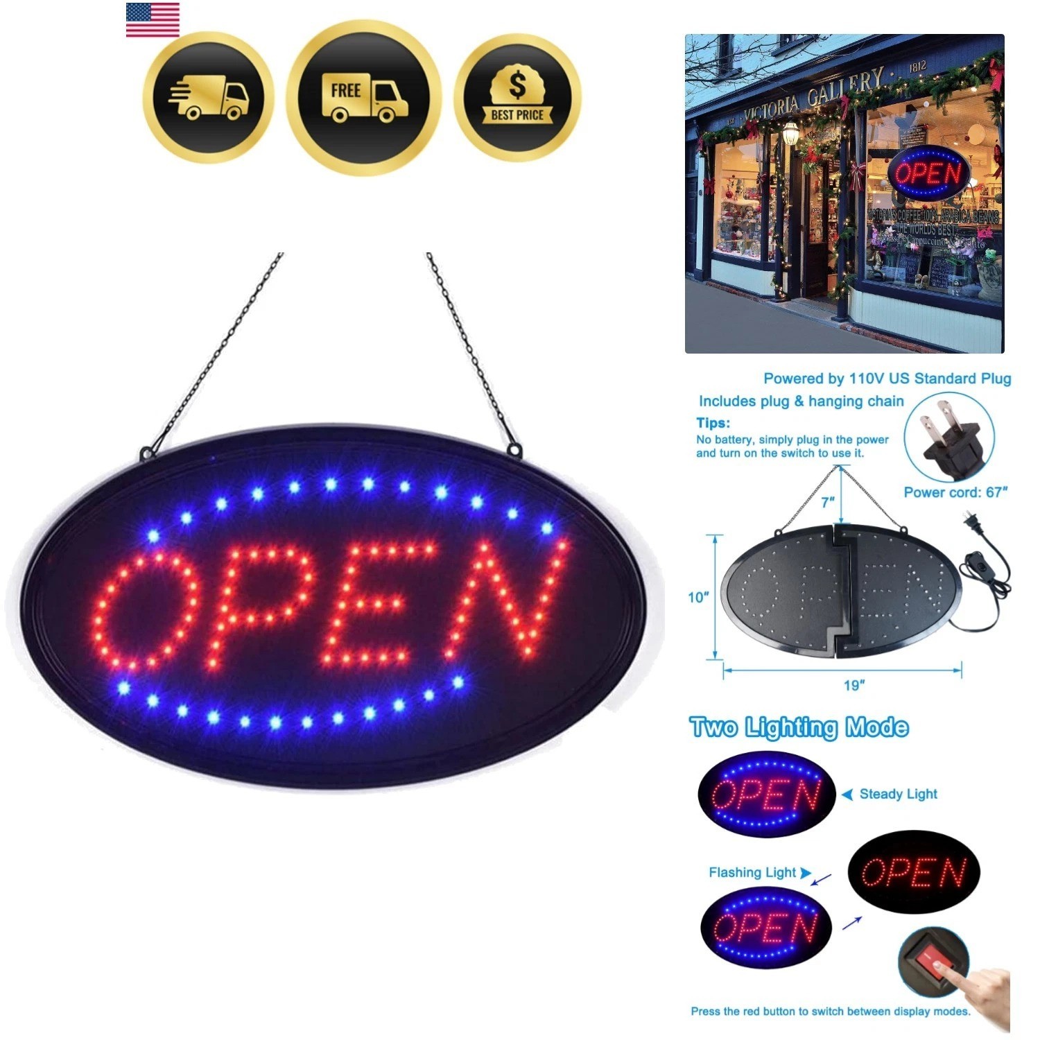 LED Open Sign, 19&Prime;x10&Prime; Bright High Visibility Advertisement Board Electric Di…