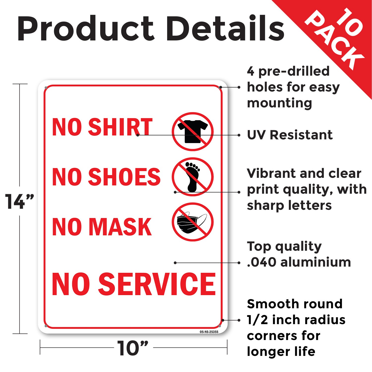 No Shirt No Shoes No Mask No Service All Red Public Safety Sign – 5 or 10 Pack