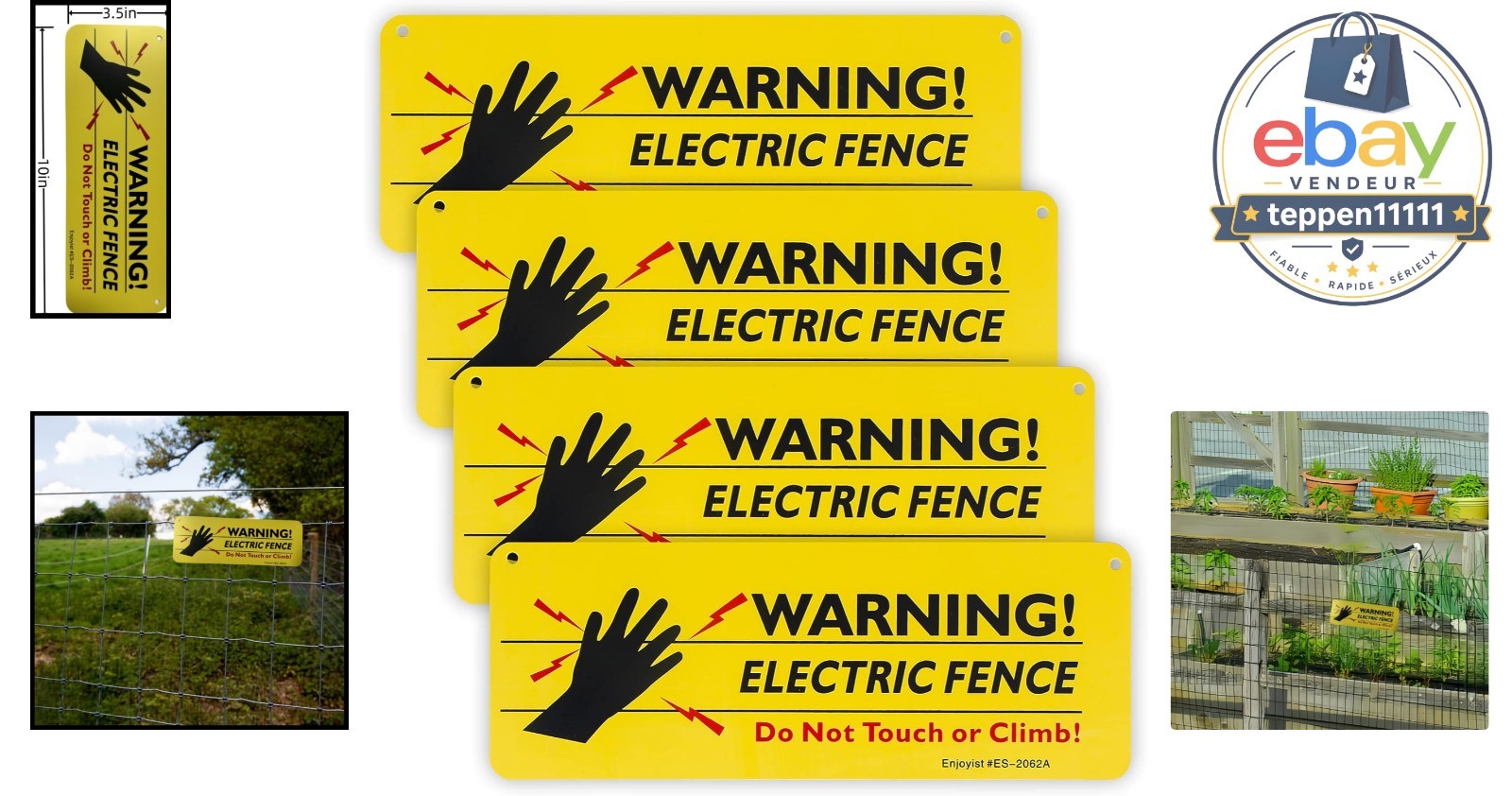Electric Fence Sign 4-Pack, 10&Prime;x 3.5&Prime; Plastic, Waterproof