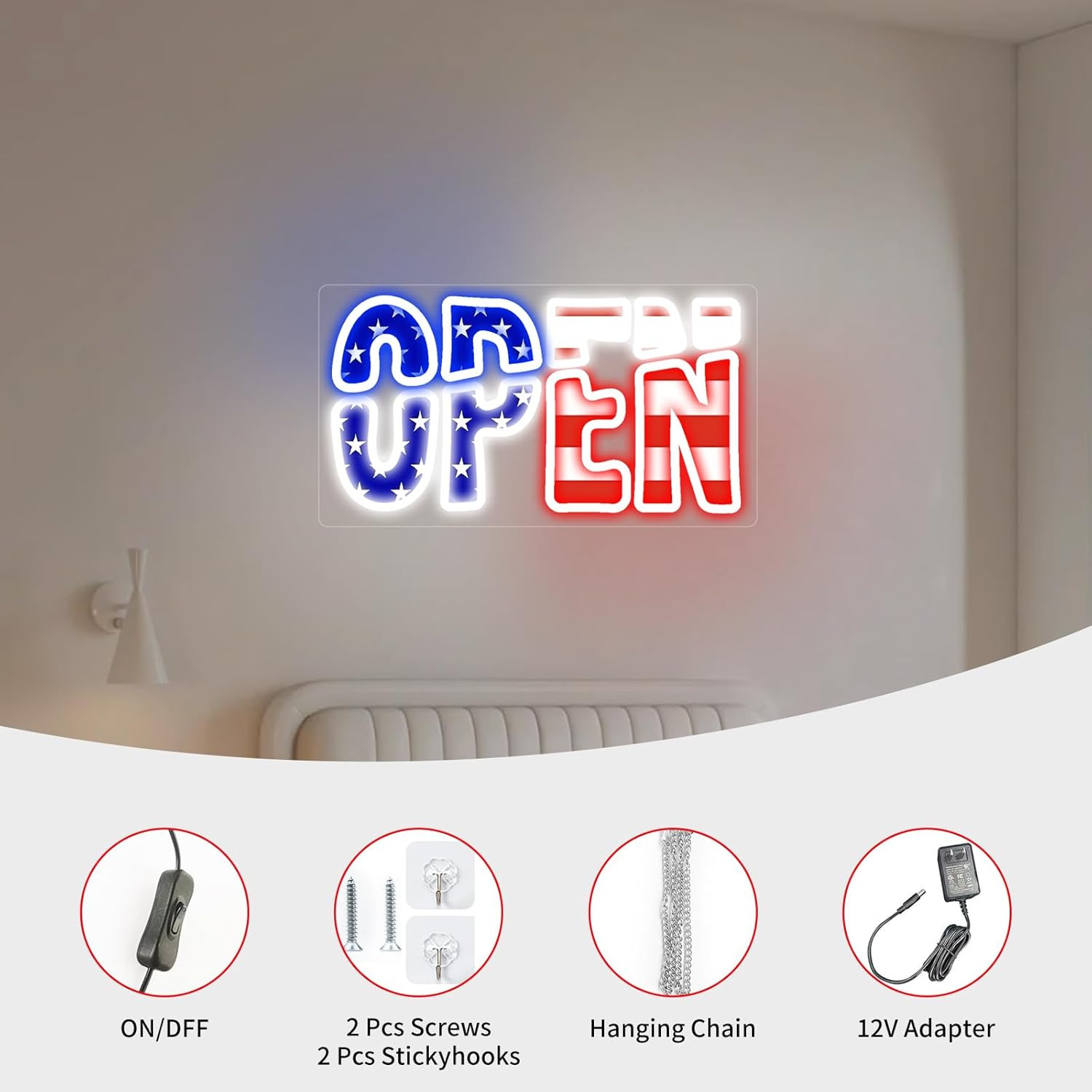LED Open Sign for Business, USA Flag Ultra Bright Open Light 32 Inch Plug in Lig