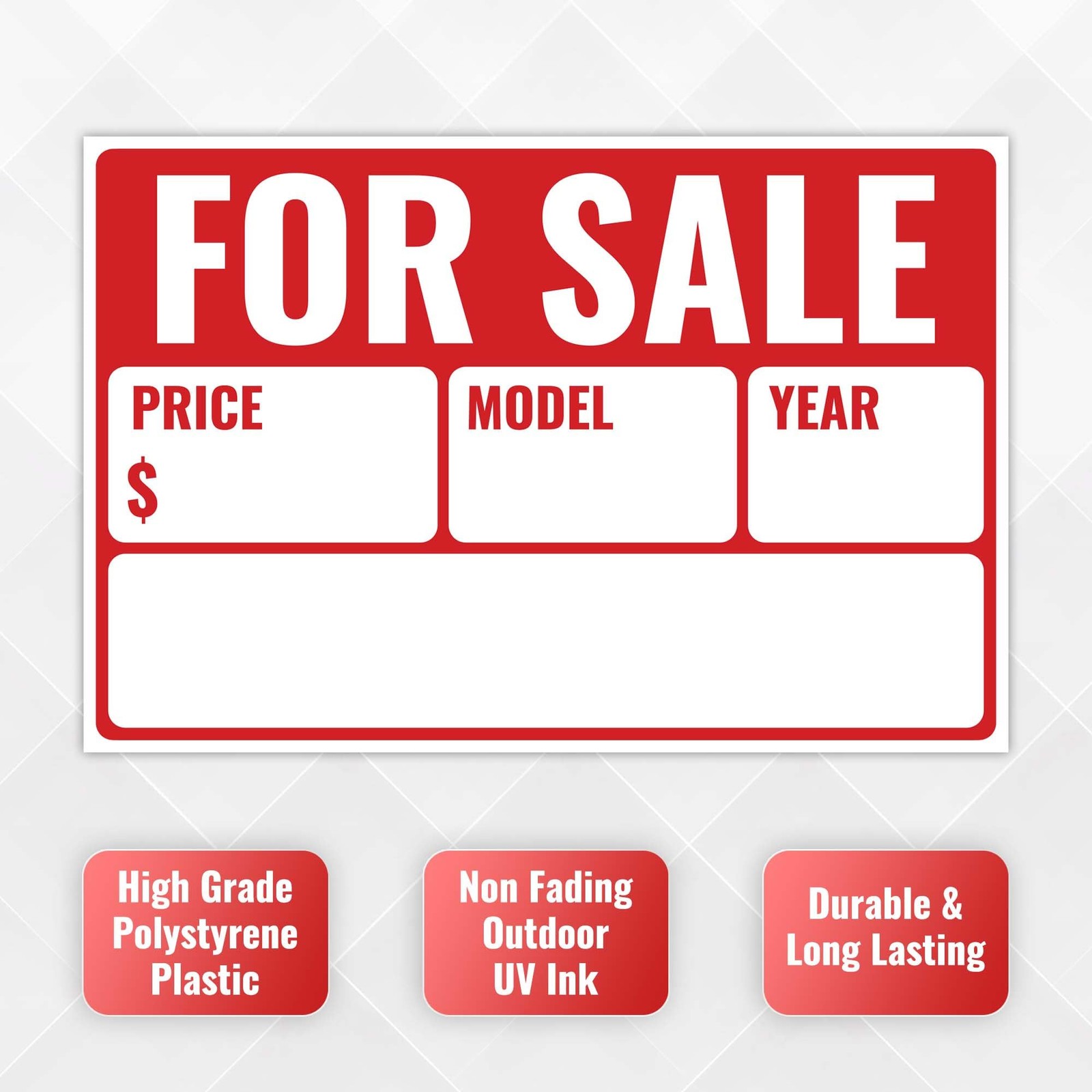 2PC For Sale Sign Car, 12 Inches by 8 Inches 20 mil Polystyrene Plastic Car…