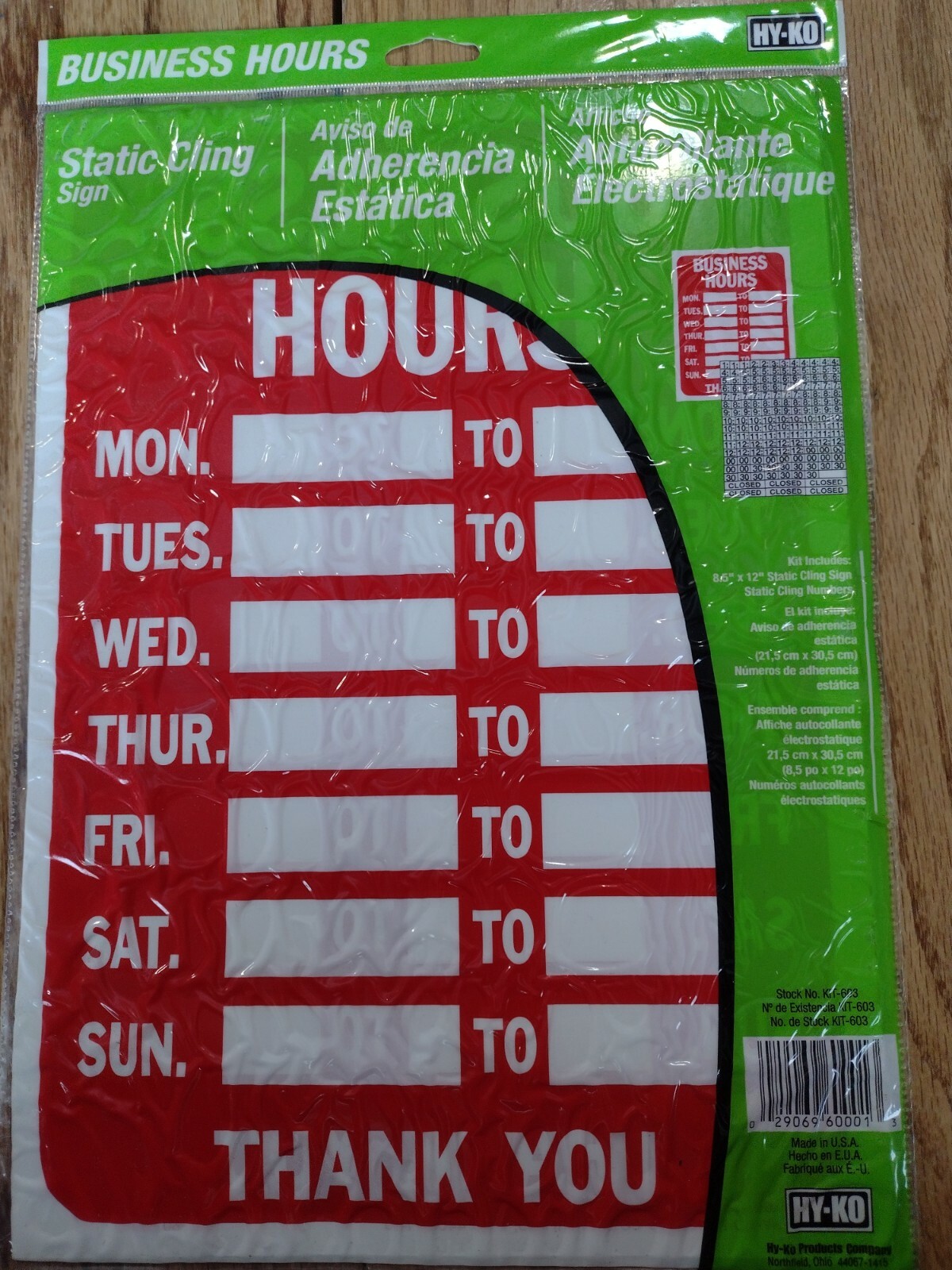 BUSINESS HOURS SIGN 8.5&Prime; x 12&Prime; static cling with numbers Hy-Ko KIT-603