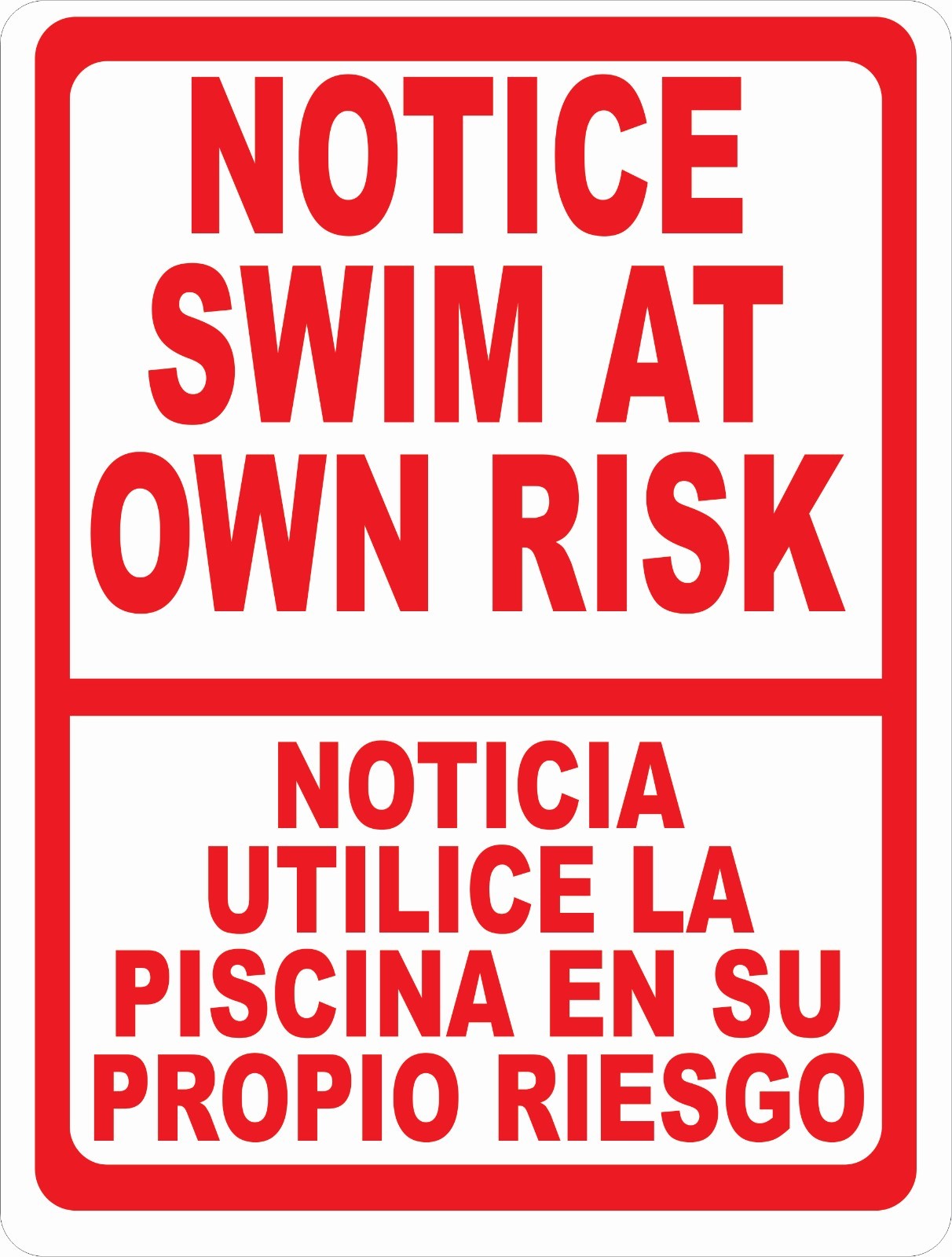 Bilingual Notice Swim at Own Risk Sign. Size Options. English Spanish Swimming