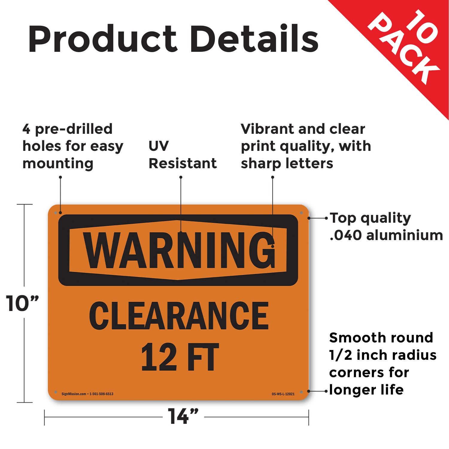 Clearance 12 Ft OSHA WARNING Sign Metal, Plastic, Or Decal – 5 or 10 Pack