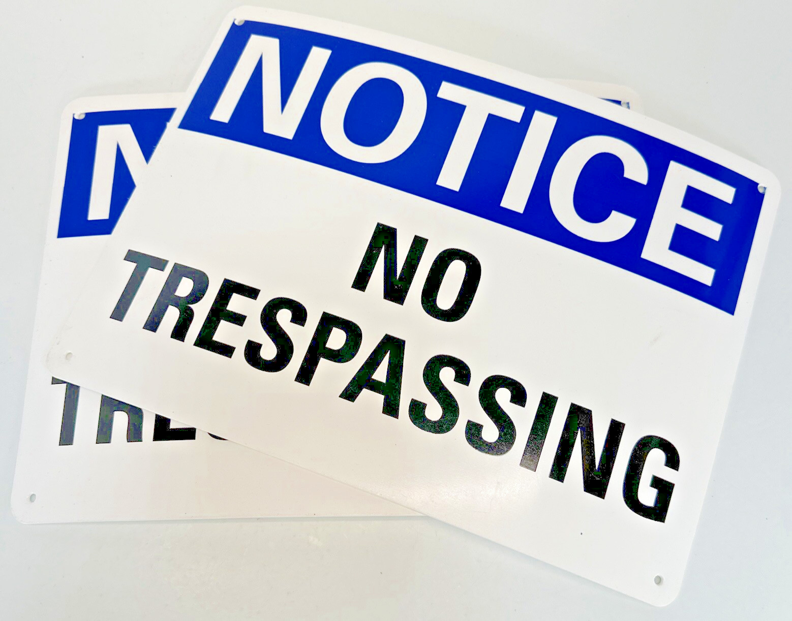 (2 Pack) No Trespassing OSHA Notice Sign Plastic, Blue Black White, 4 Holes