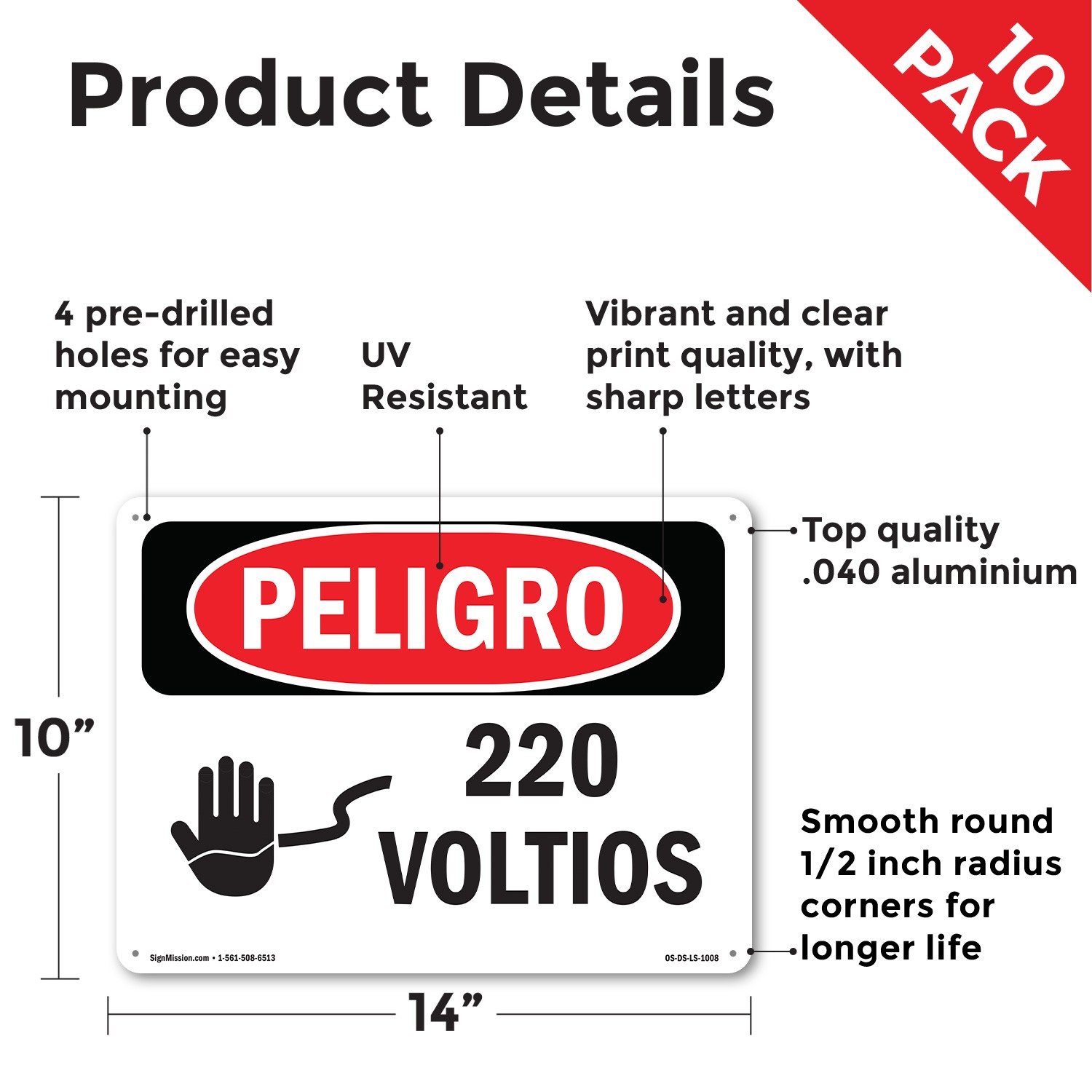 220 Volts Spanish OSHA Danger Sign Metal, Plastic, Or Decal – 5 or 10 Pack