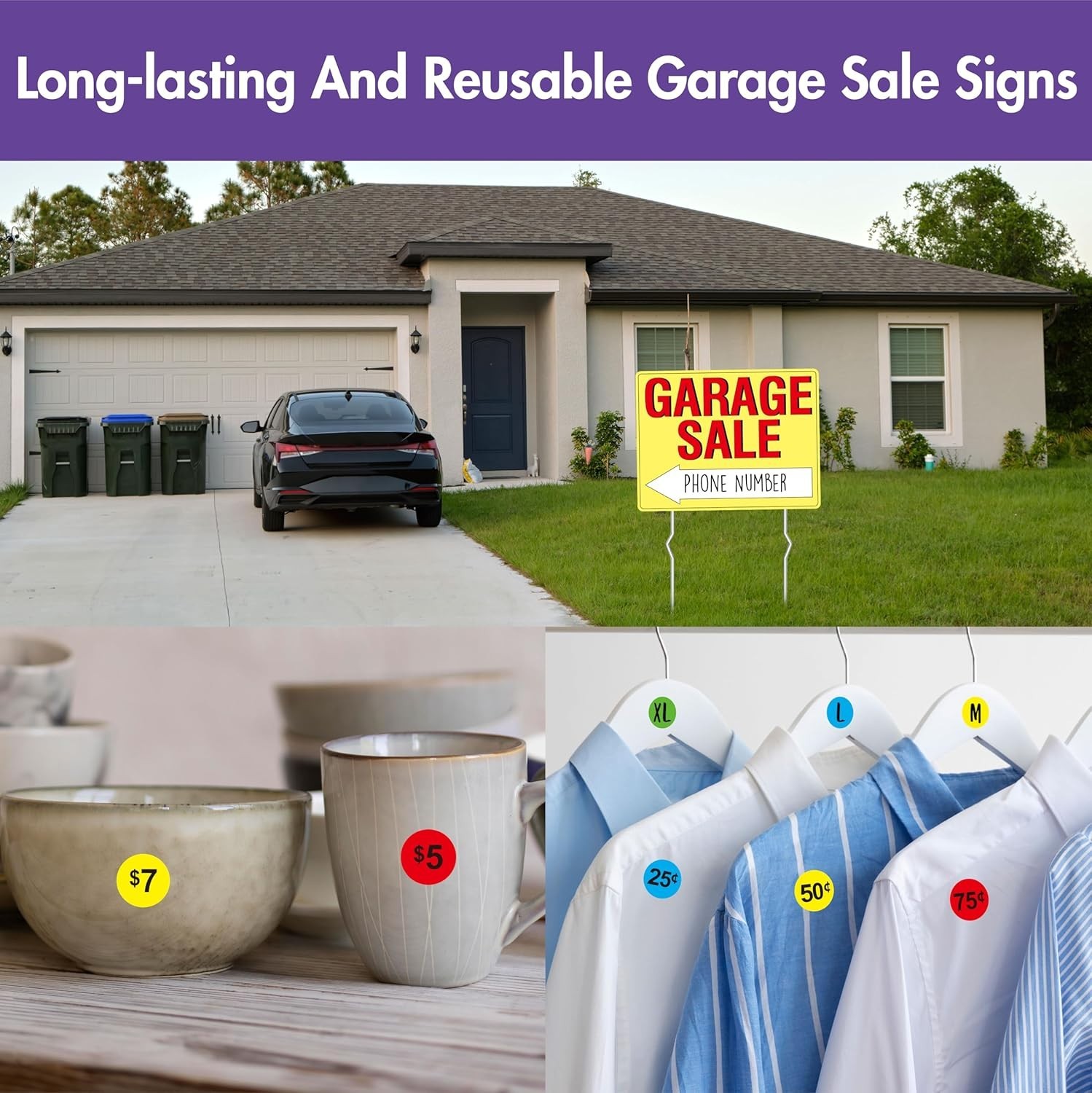 3PCS Bright Yellow Double-Sided Garage Sale Signs with Stakes & Price Labels