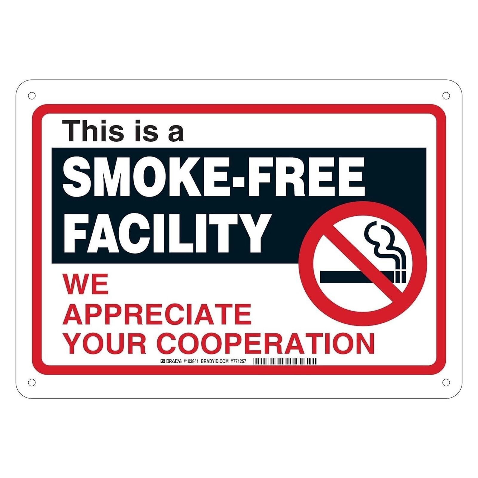 Brady 103841 Plastic, 10&Prime; X 14&Prime; Legend « This Is A Smoke-Free Facility 12PK