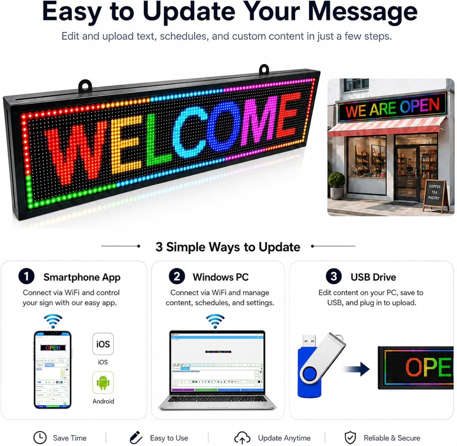 Wifi Programmable LED Sign 40&Prime; X 8&Prime;, Outdoor P10 Store Sign | IP65 Waterproof, 4