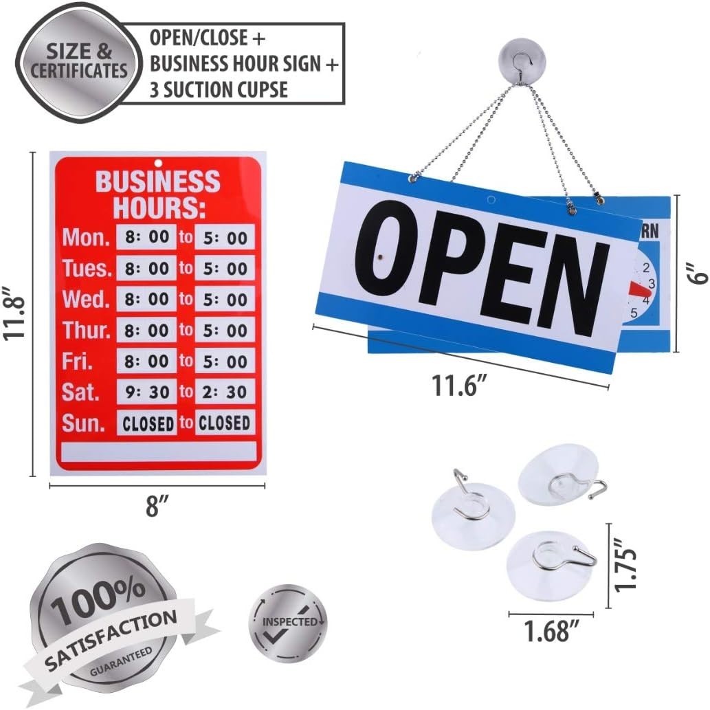 Open Signs Business Bundle: Customizable Hours, Will Return Clock, Suction Cups