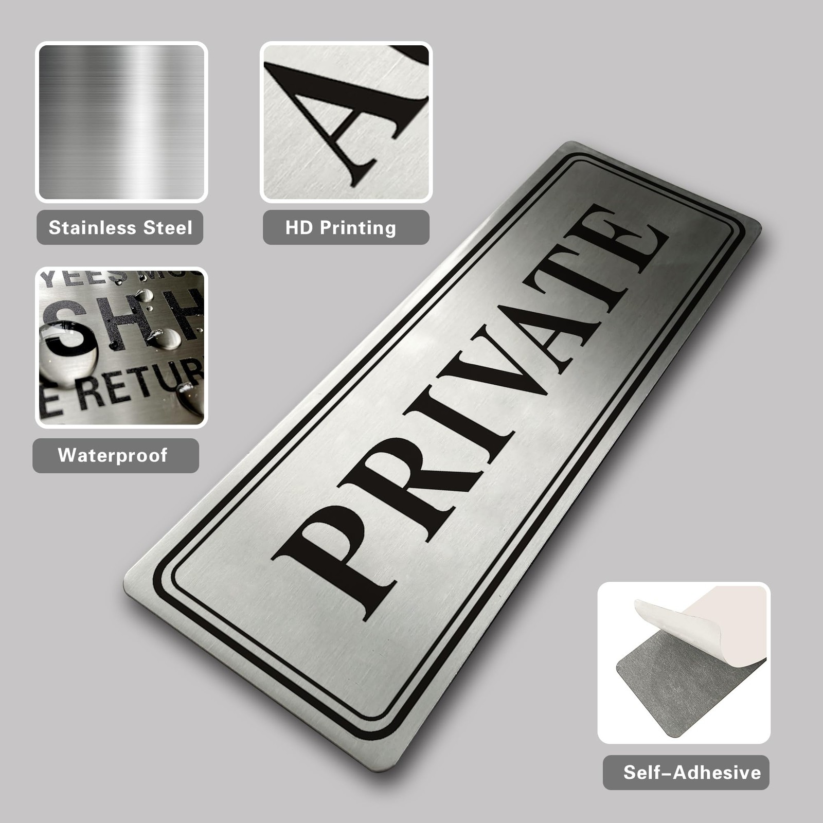 1 PCS Metal Stainless Steel Private Sign For Doors Self Adhesive 9×3 Inch
