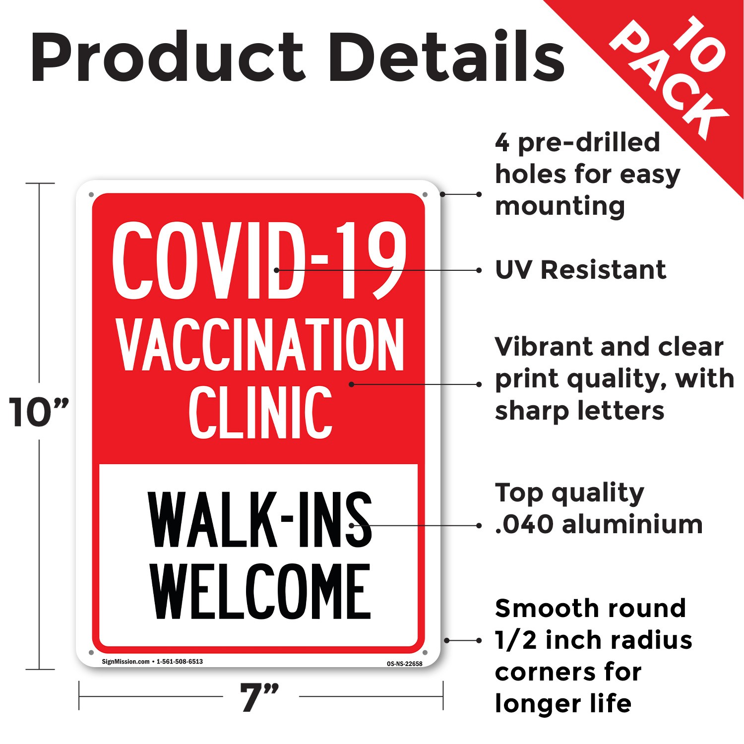 Covid-19 Vaccination Clinic Walk-Ins Welcome Public Safety Sign – 5 or 10 Pack
