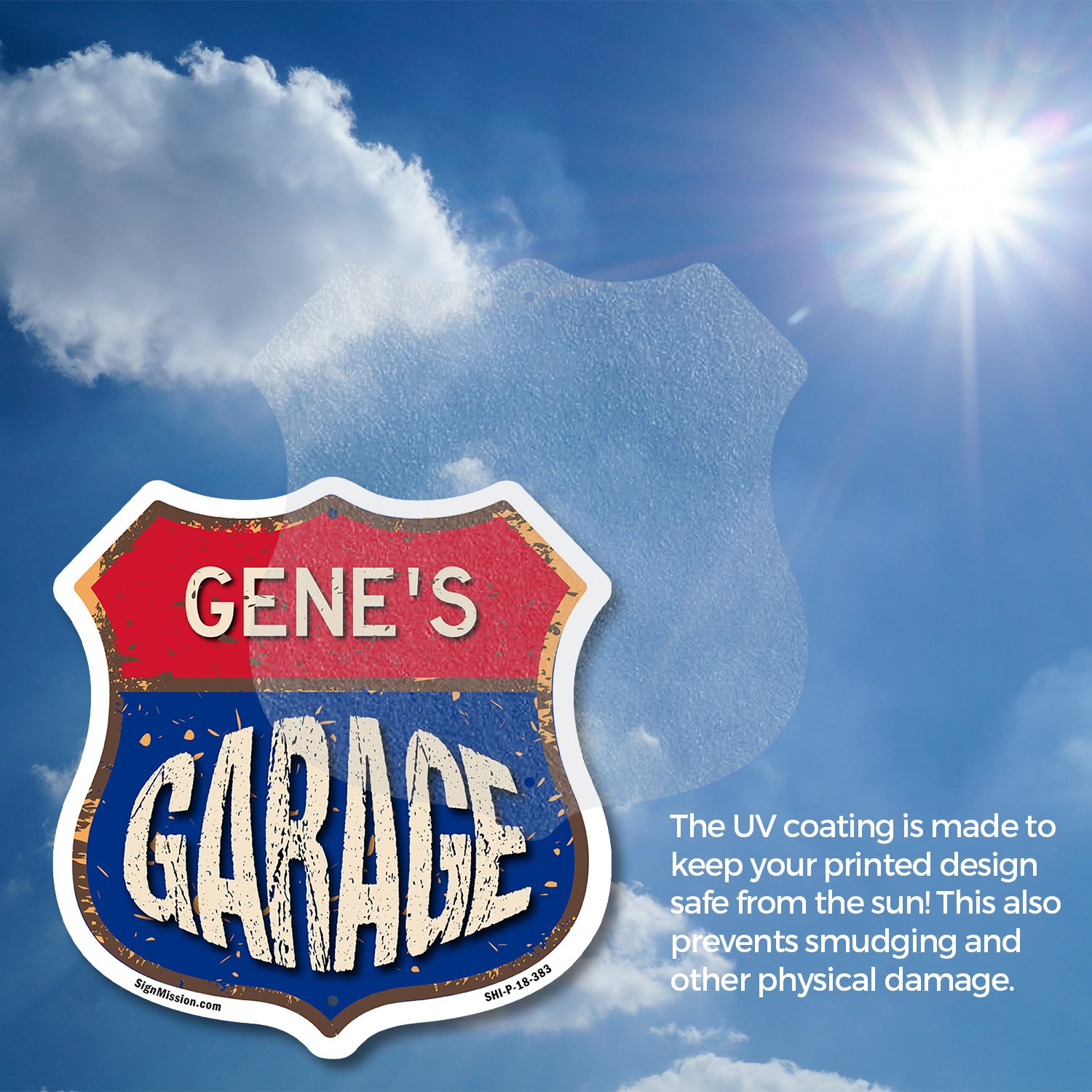Gene&rsquo;s Garage Shield Shaped Sign Weather Resistant Crafted in the USA