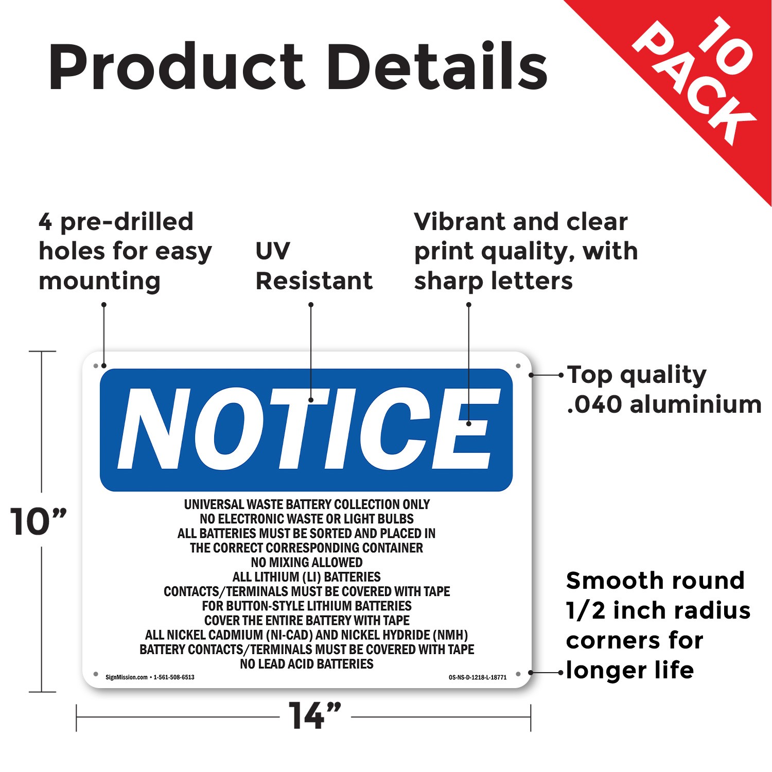 Universal Waste Battery Collection Only OSHA Notice Sign Or Decal – 5 or 10 Pack
