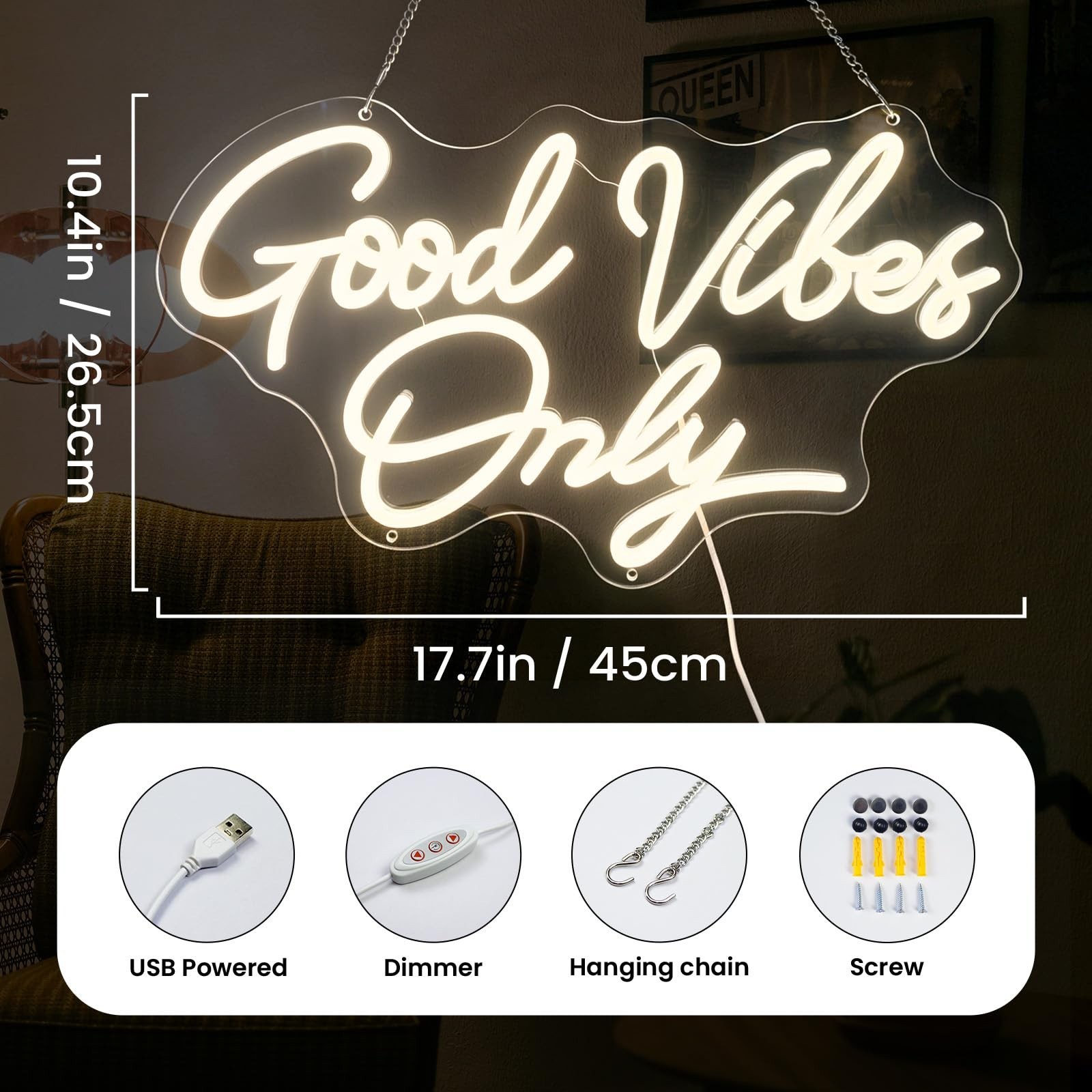 Good Vibes Only Neon Sign, Dimmable LED Neon Light for Wall Decor, for Weddin…