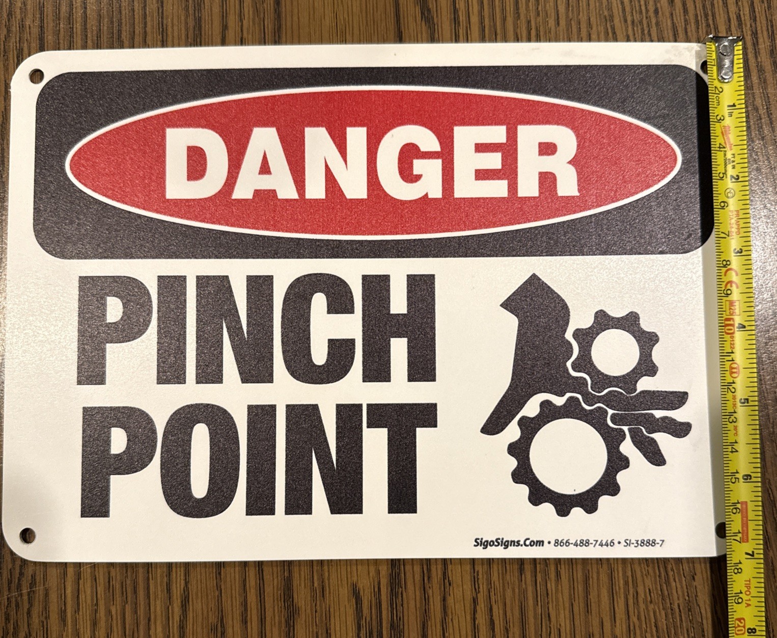 7×10 inch Danger Pinch Point OSHA Sign HDPE Plastic Pre-Cleared Holes