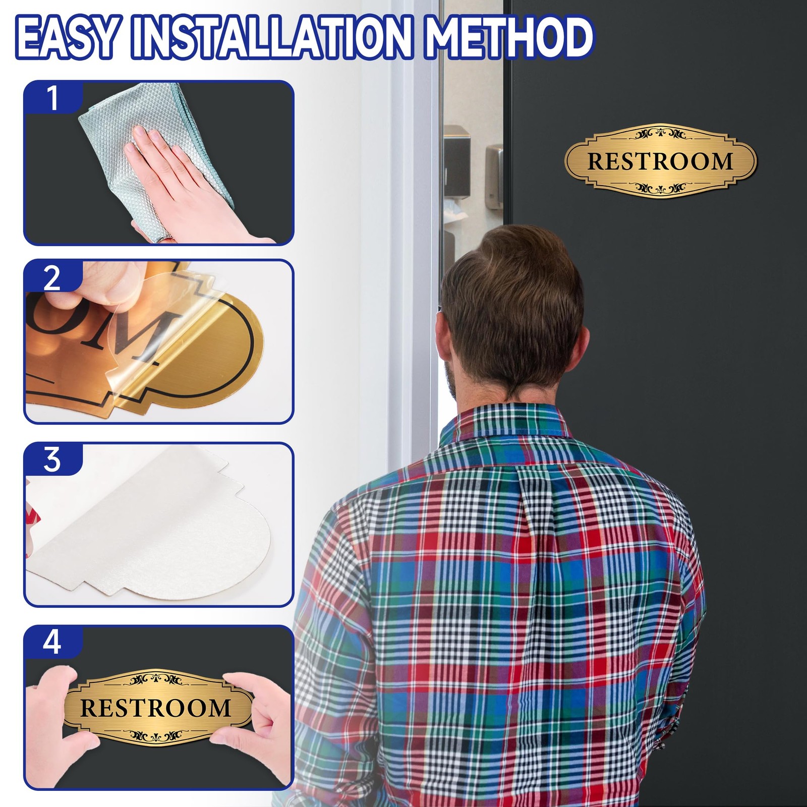 Restroom Sign Sticker for Business & Home, 9IN, Gold 012