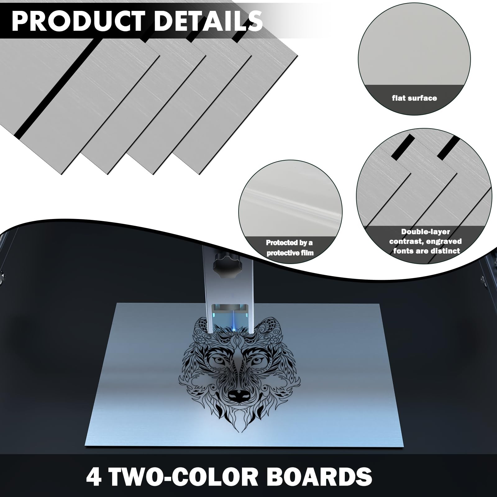 4 Pack Laser Engraving Double Color ABS Plastic Sheets Silver Black 12×8 In