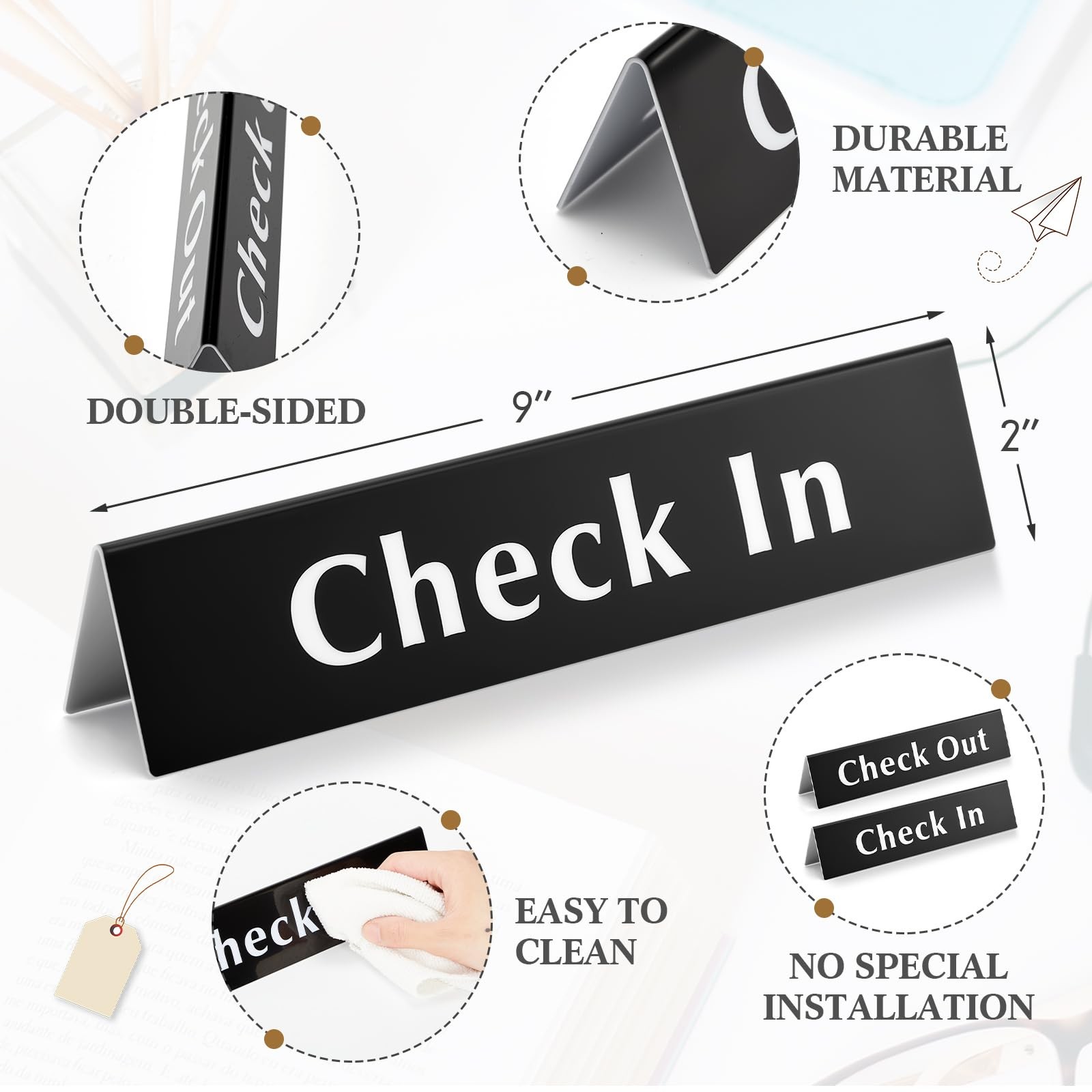 2 PCS 2×9 Inch Check In Out Acrylic VShaped Reception Desk Counter Sign